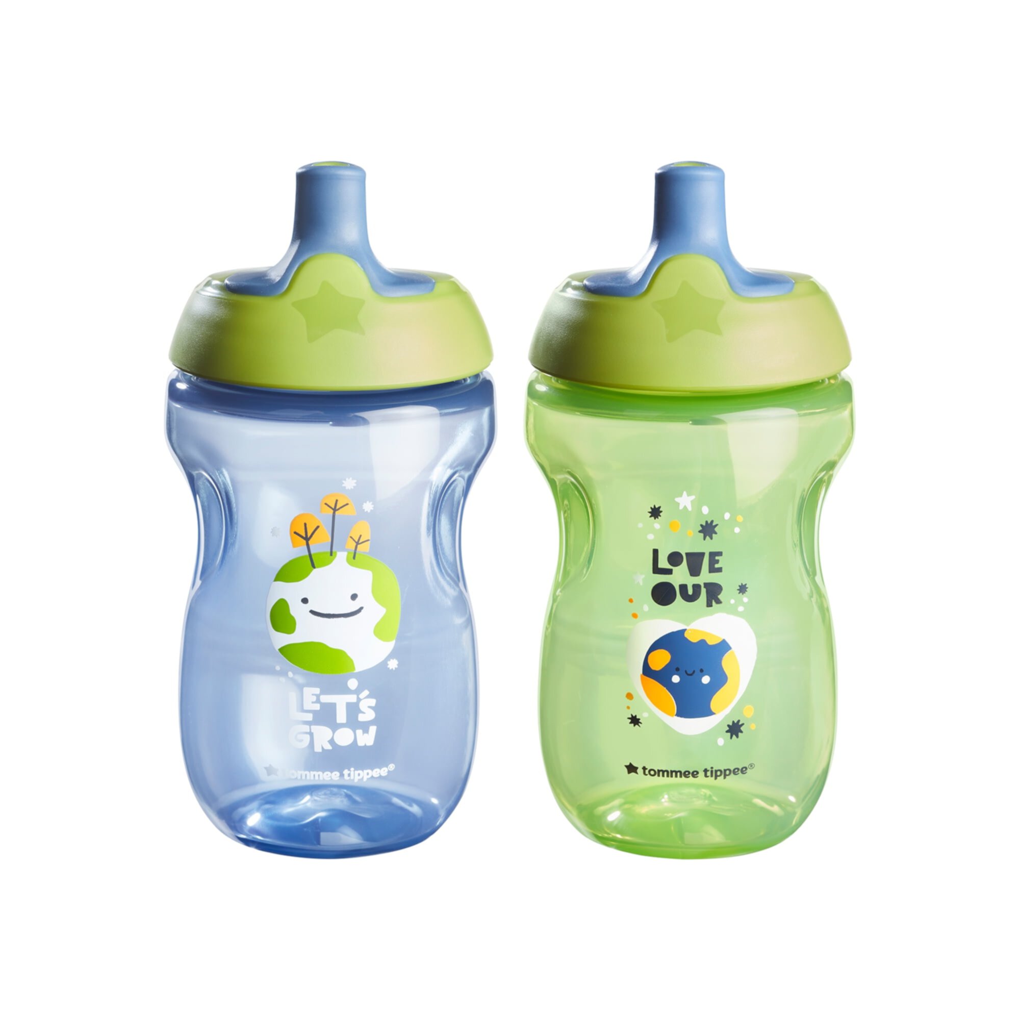 Tommee Tippee Botella de Agua Deportiva para Niños Pequeños, a Prueba de Derrames, 10 Oz, 12 M+, 2 Unidades, Azul y Verde Tommee Tippee