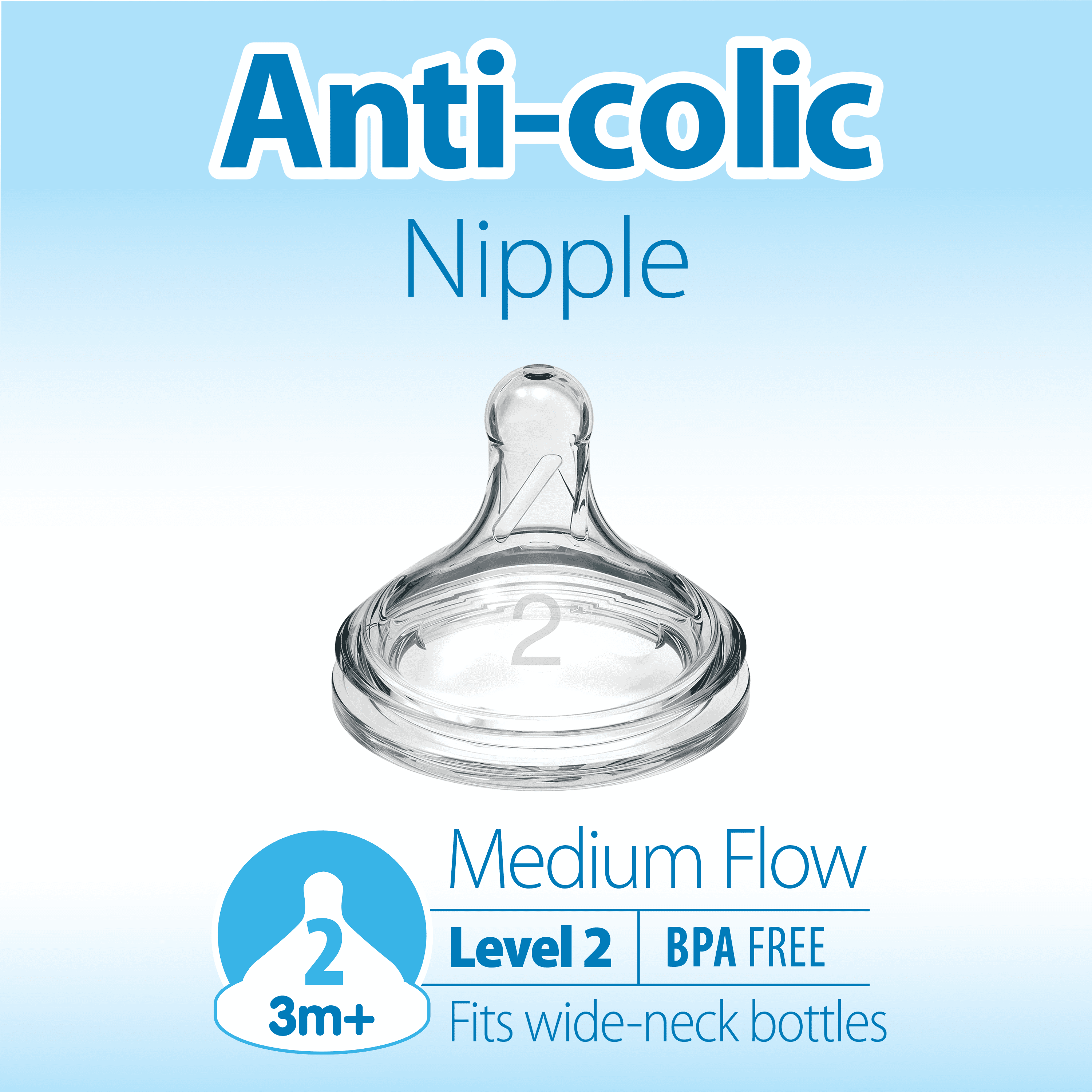 Dr. Brown's Natural Flow Level 2, Wide-Neck Baby Bottle Nipple, Medium Flow, 3m+, 100% Silicone, 2 Pack Dr. Brown's