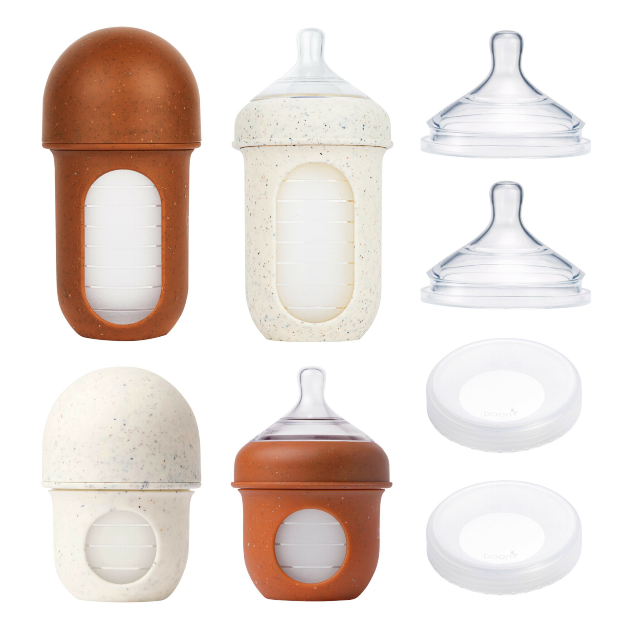 Boon NURSH® Silicone Speckle Bottle Bundle with Storage Lids   - Includes Slow/Medium/Fast Flow Nipples, 4 and 8 Ounce Bottles, and Storage Lids Boon