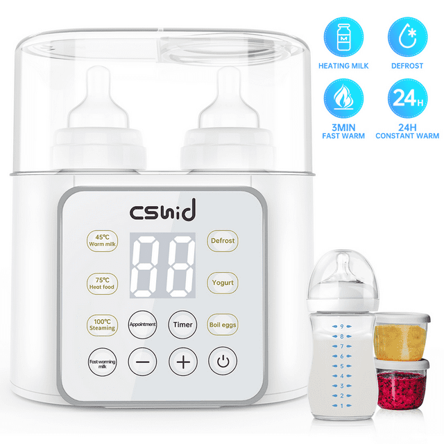 Baby Bottles Warmer, 9 in 1 Double Bottel Milk Warmer, Fast Food Heater & Defrost BPA-Free with Appointment, LCD Display, Timer & 24H Temperature Control for Breastmilk & Formula Cshidworld