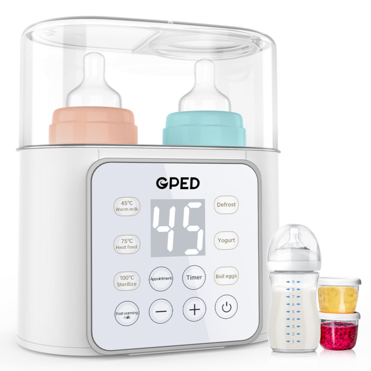 GPED Baby Bottle Warmer, Double Bottles 9-in-1 Fast Milk Warmer with Appointment &Timer, Breastmilk Defrost & Food Heater, 24H Accurate Temperature Control for Breastmilk or Formula, BPA-Free, White GPED