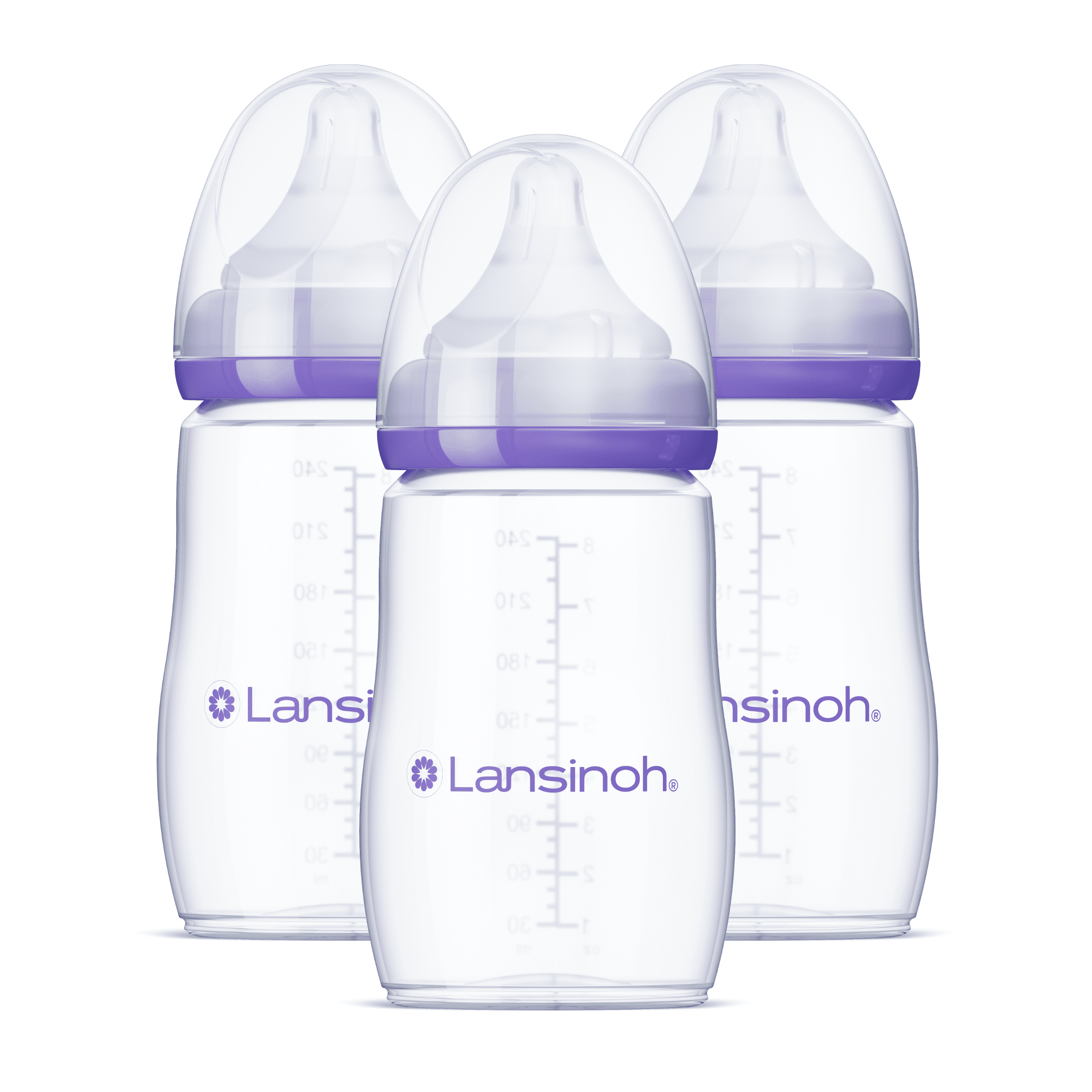 Lansinoh Anti-Colic Baby Bottles for Breastfeeding Babies, 8 Ounces, 3 Count, Includes 3 Medium Flow Nipples, Size M Lansinoh