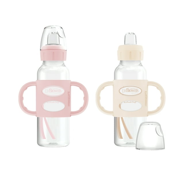 Dr. Brown's Milestones Narrow Sippy Spout Bottle with 100% Silicone Handles, 8oz/250ml, 6m+, Light Blue & Gray, BPA Free, 2 Pack Dr. Brown's