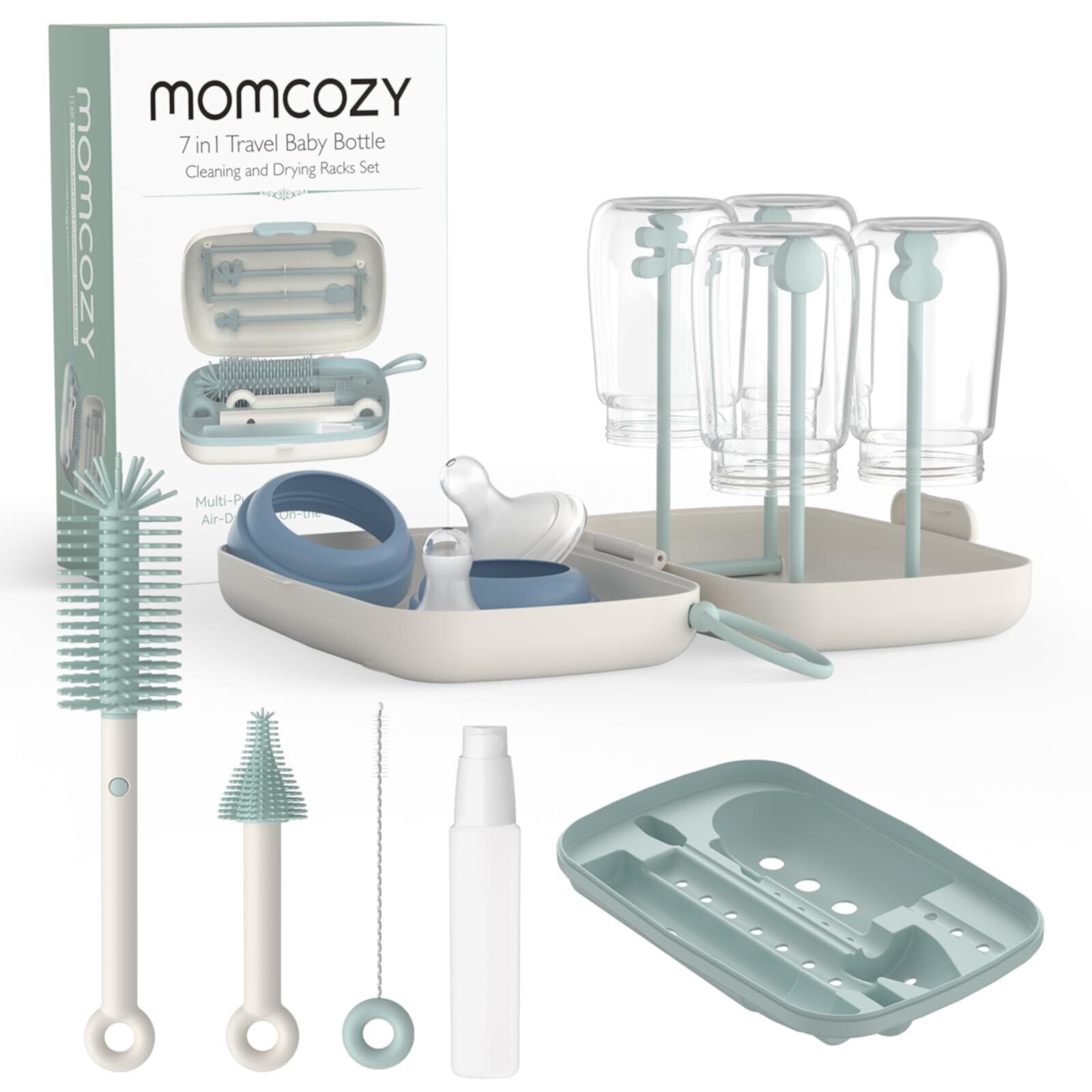 Momcozy Portable Bottle Brush Set - Baby Bottle Cleaner Kit with Silicone Brush, Drying Rack - 6 in 1 Bottle Cleaning Tool for Home and Travel Momcozy