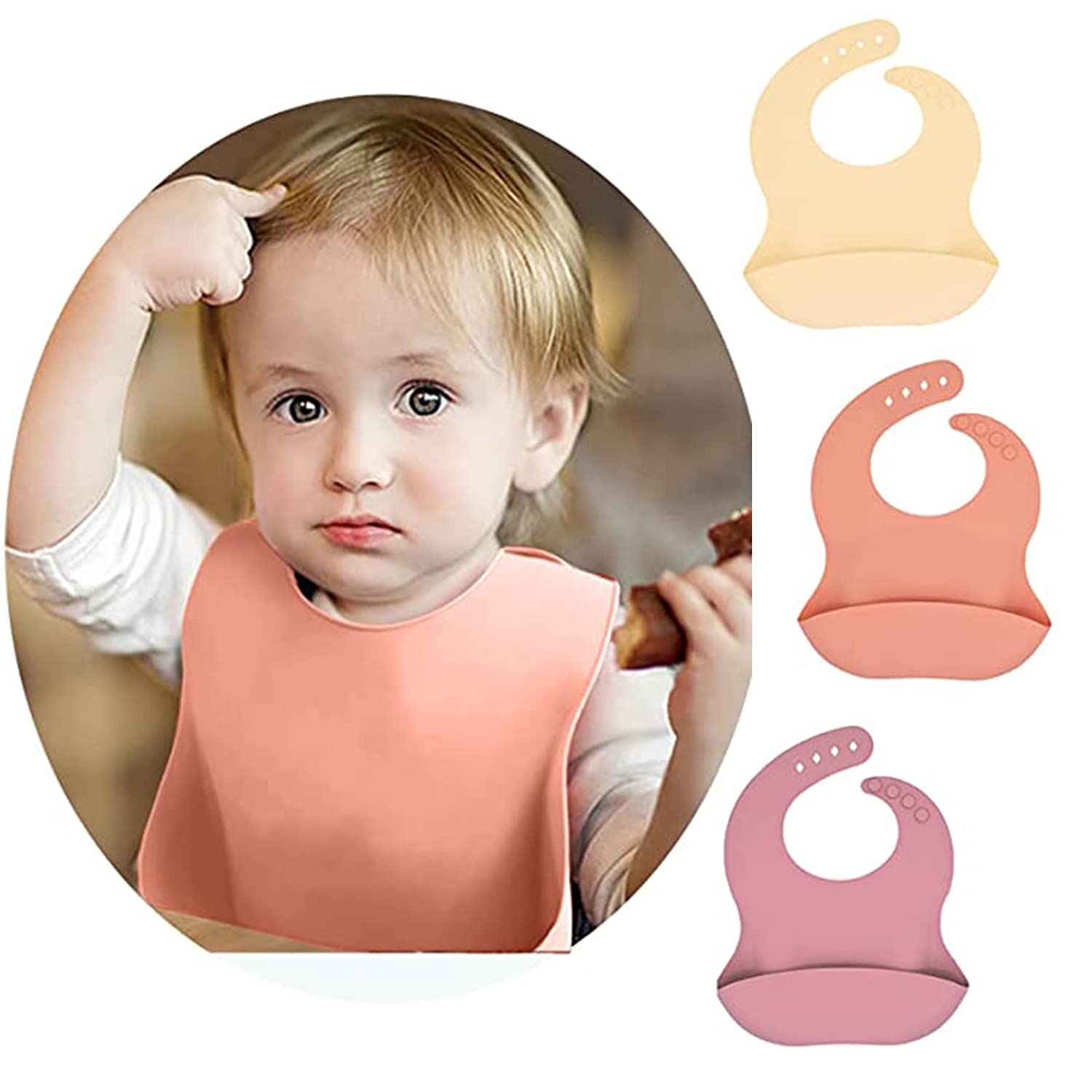 Silicone Bibs For Babies & Toddle 3PCs/Set Soft Waterproof Bibs For Girl,Adjustable Feeding Bib Berry/Dusty Rose/Custard Dockapa