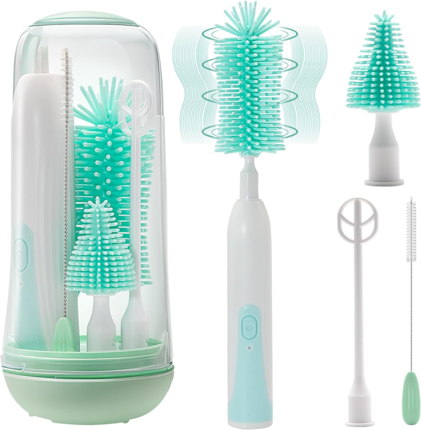 Electric Bottle Brush Cleaner, Rechargable Electric Baby Bottle Brush for Travel, Waterproof Electric Bottle Cleaner Set with Nipple & Straw Brush, Perfect Essentials Gift for Mom After Birth, Green MUSICOZY