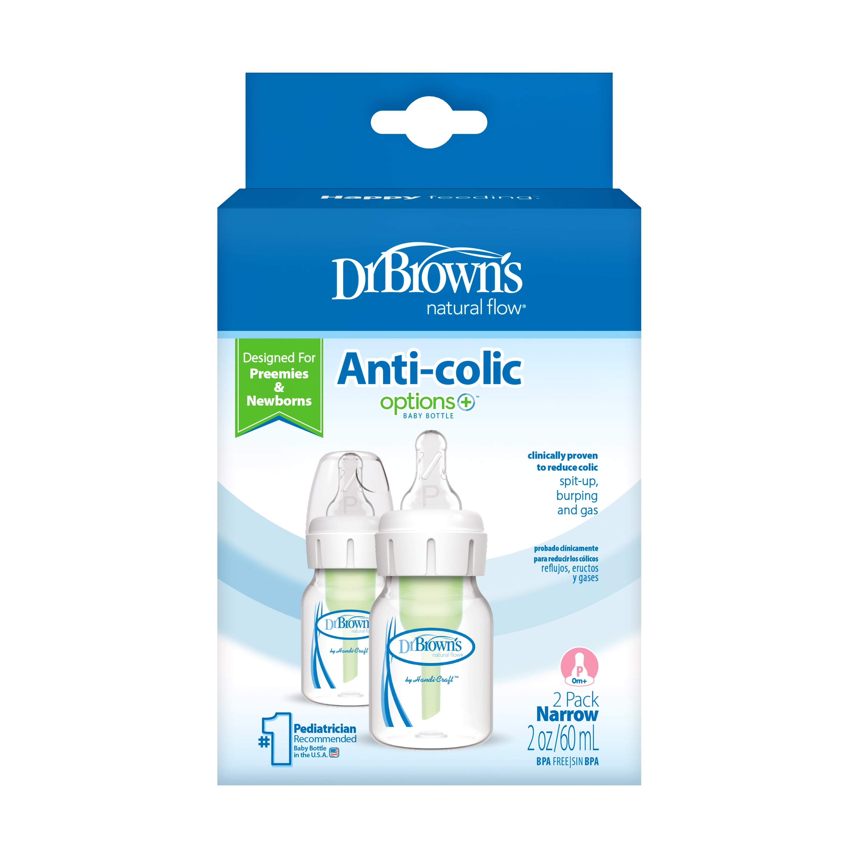 Dr. Brown's Natural Flow Anti-Colic Options+ Narrow Baby Bottle, 2oz/60ml, Preemie Flow, 0m+, 2 Pack Dr. Brown's