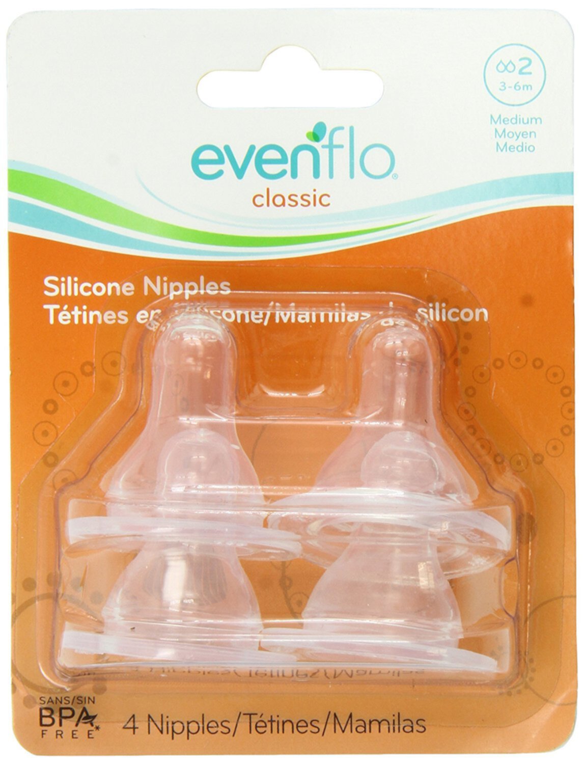 Evenflo 4 Pack Classic Silicone Nipple, Medium Flow (3-6 months) Evenflo