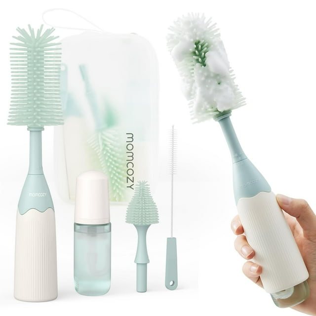 Momcozy Portable Bottle Brush Set - Baby Bottle Cleaner Kit with Silicone Brush, Nipple Brush, Straw Brush, Soap Dispenser, Drying Rack - 6 in 1 Bottle Cleaning Tool for Home and Travel Momcozy