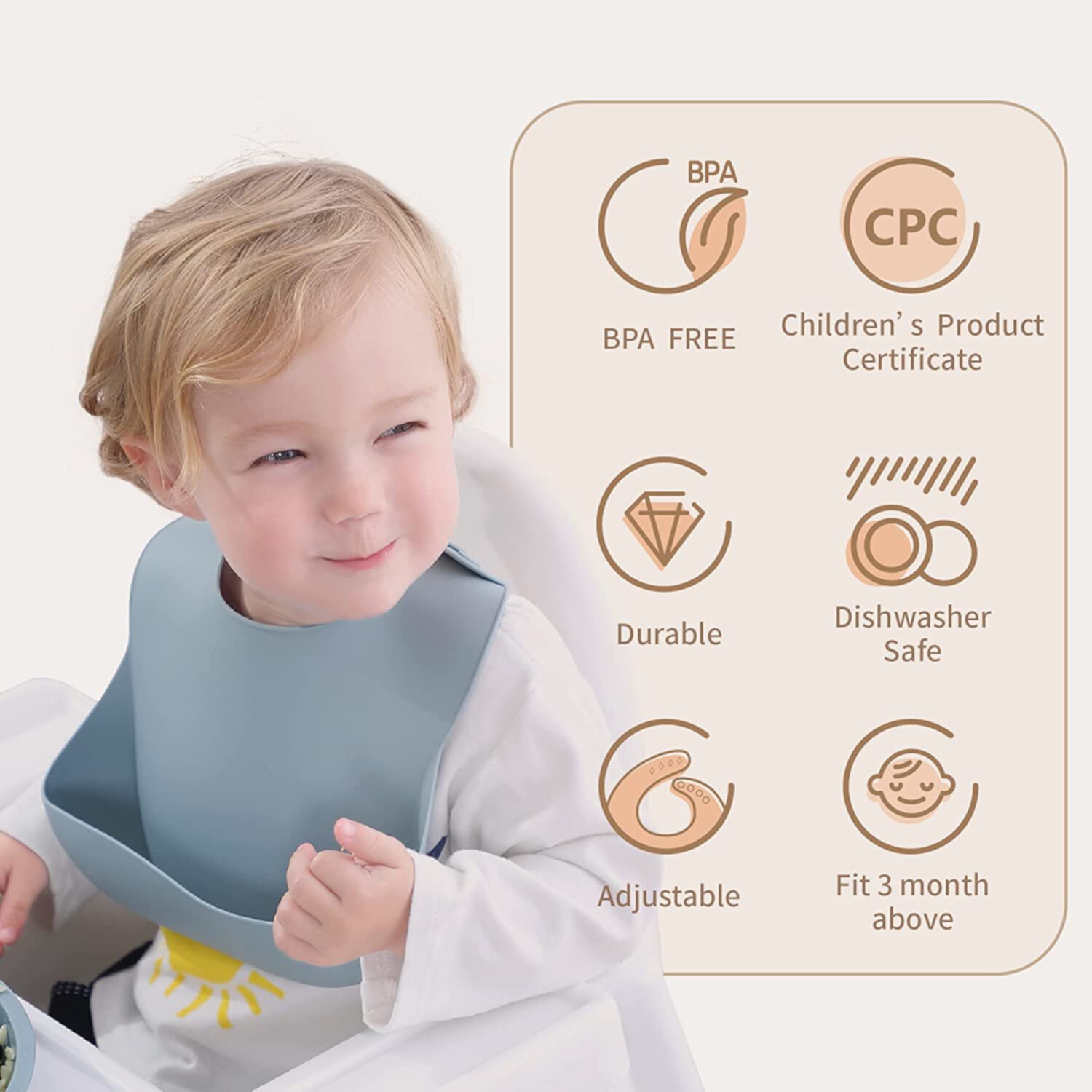 BAODELI Silicone baby bib 2-piece set, waterproof, soft and durable without bisphenol A, adjustable silicone bib, suitable for infants, ether/sage. BAODELI