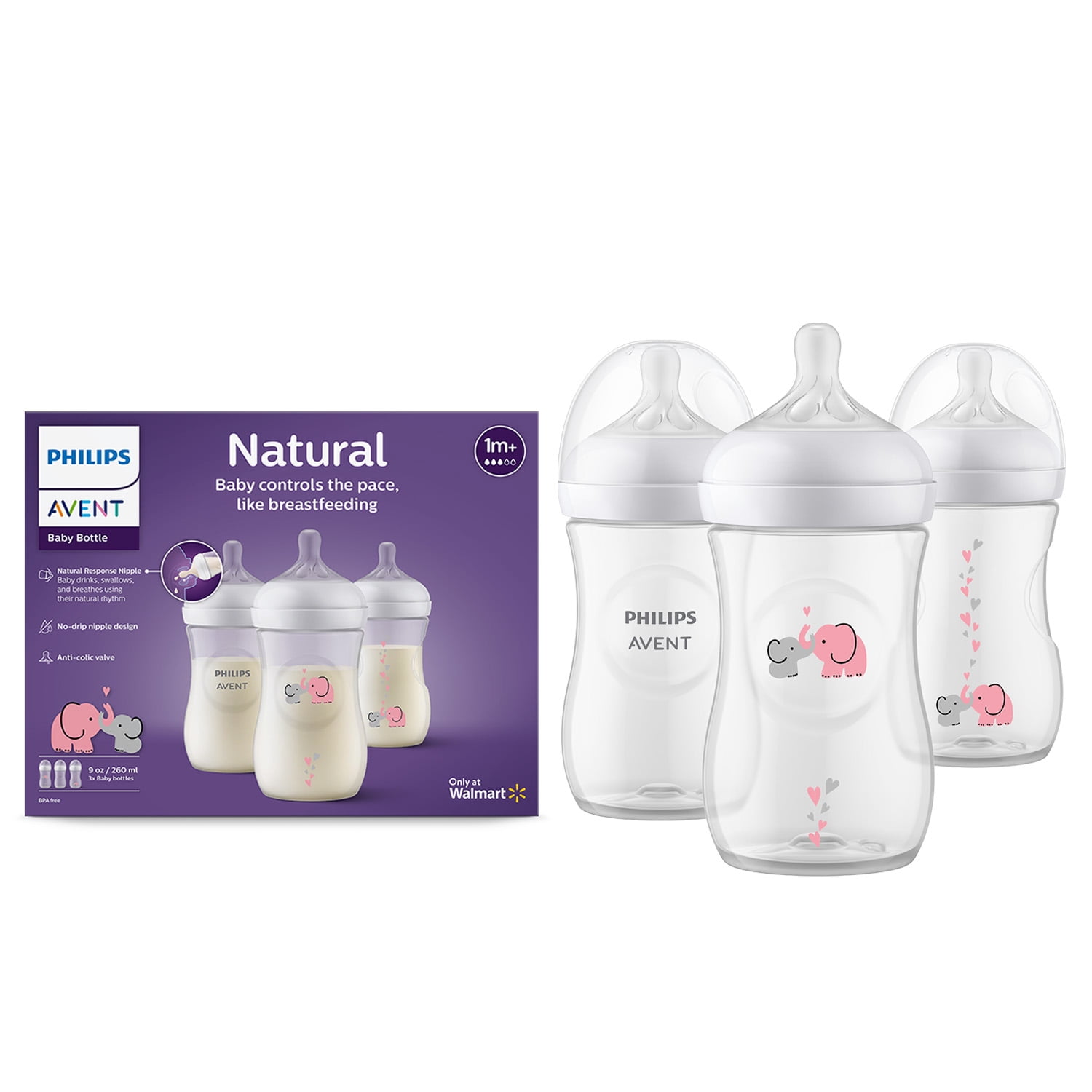 Philips Avent Natural Baby Bottle with Natural Response Nipple, with Pink Elephant Design, 9oz, 3pk, SCY903/62 Philips Avent