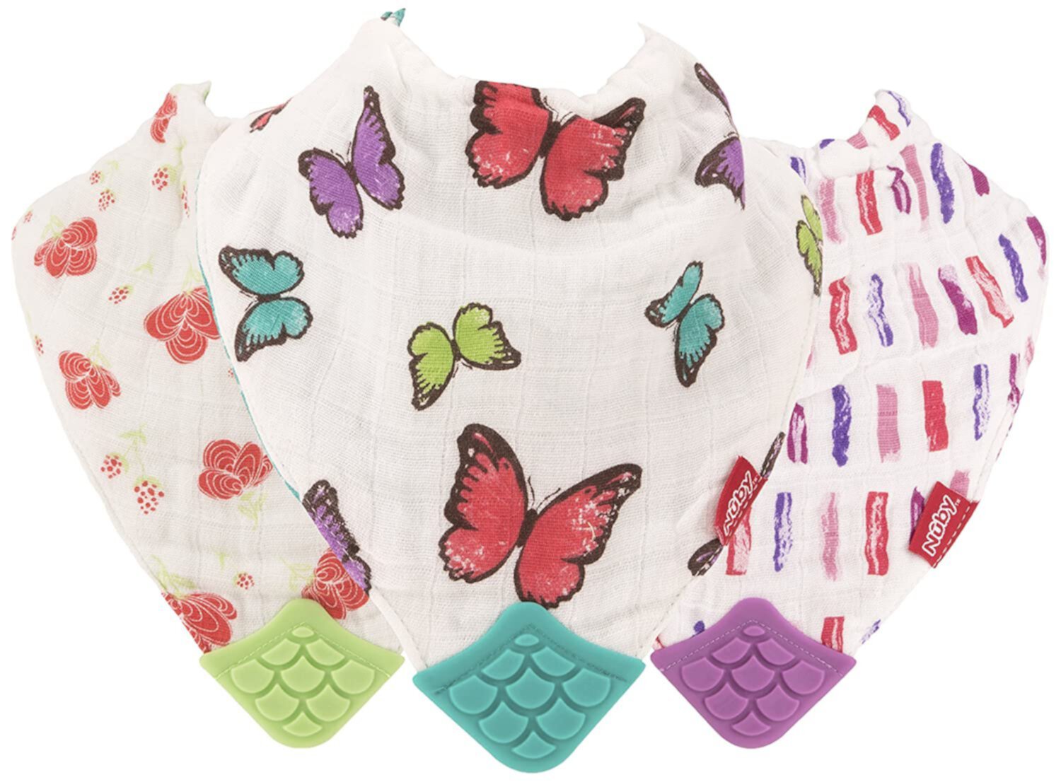 Nuby 100% Natural Cotton Muslin Teething Bib - 3 Pack, Flower/Butterfly/Stripes NUBY