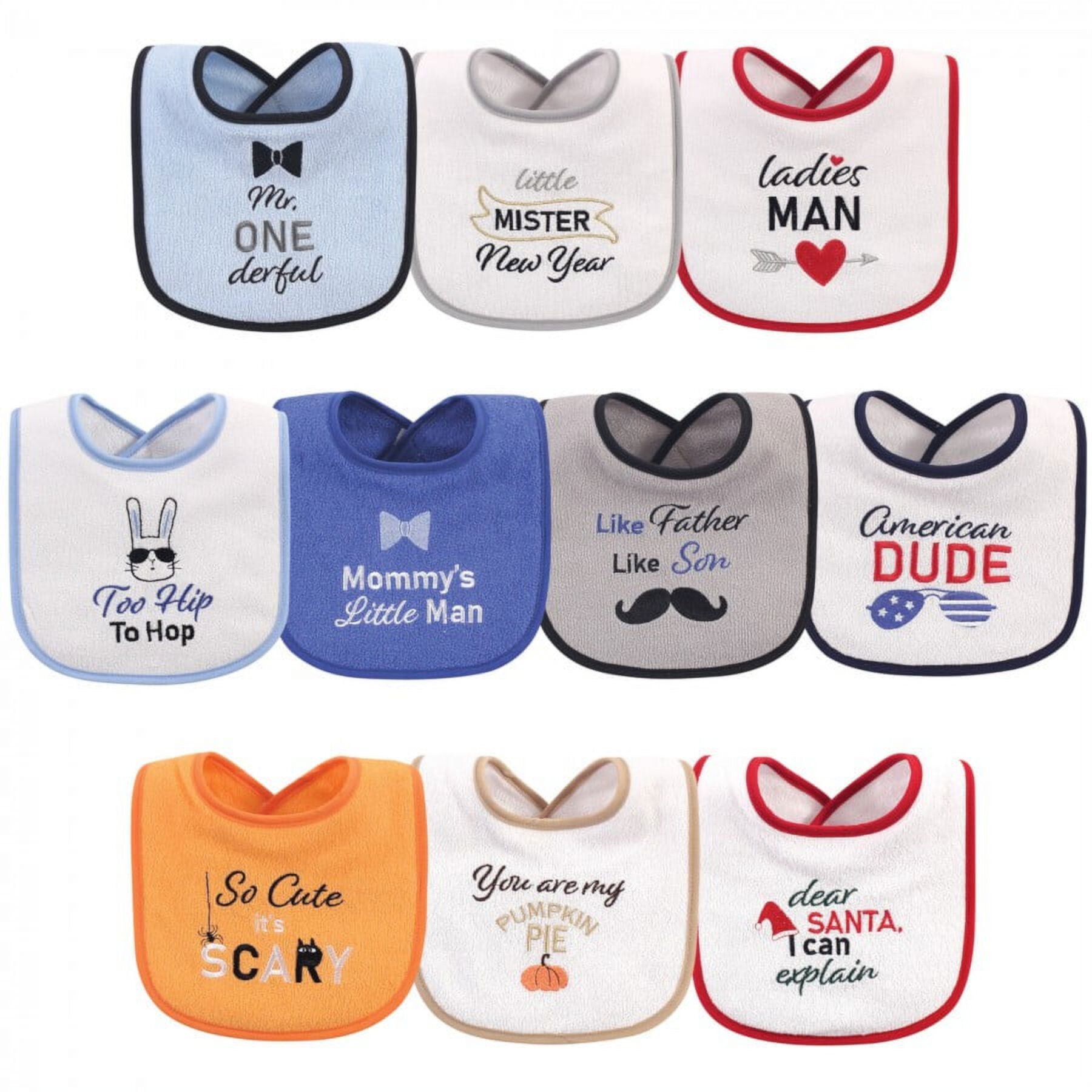 Hudson Baby Infant Boy Cotton Terry Drooler Bibs with Fiber Filling 10pk, Boy Muffin, One Size Hudson Baby