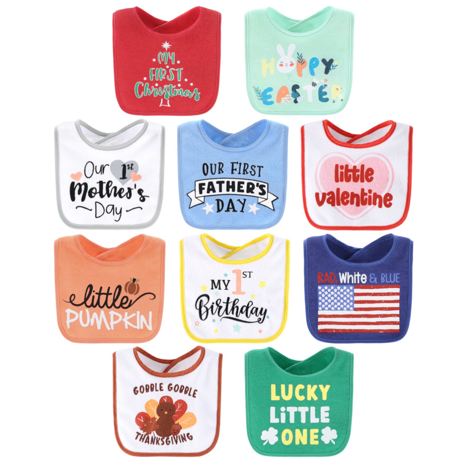 The Peanutshell Terry Feeding Baby Boy or Girl Bibs, 10 Pack, Holiday The Peanutshell