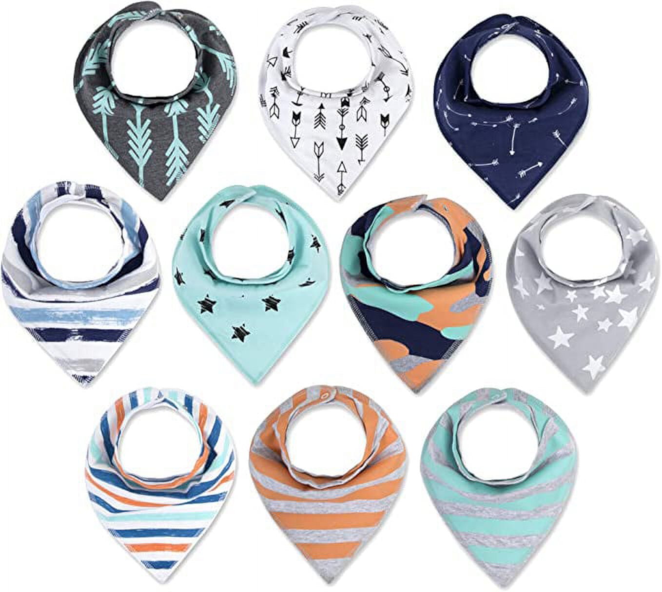 Baby Essentials Girls 10 Pack of Adjustable, Waterproof, Neck Snap Closure Bandana Shaped Baby Feeding Drool Bibs in Multicolor Geometric Patterns Baby Essentials