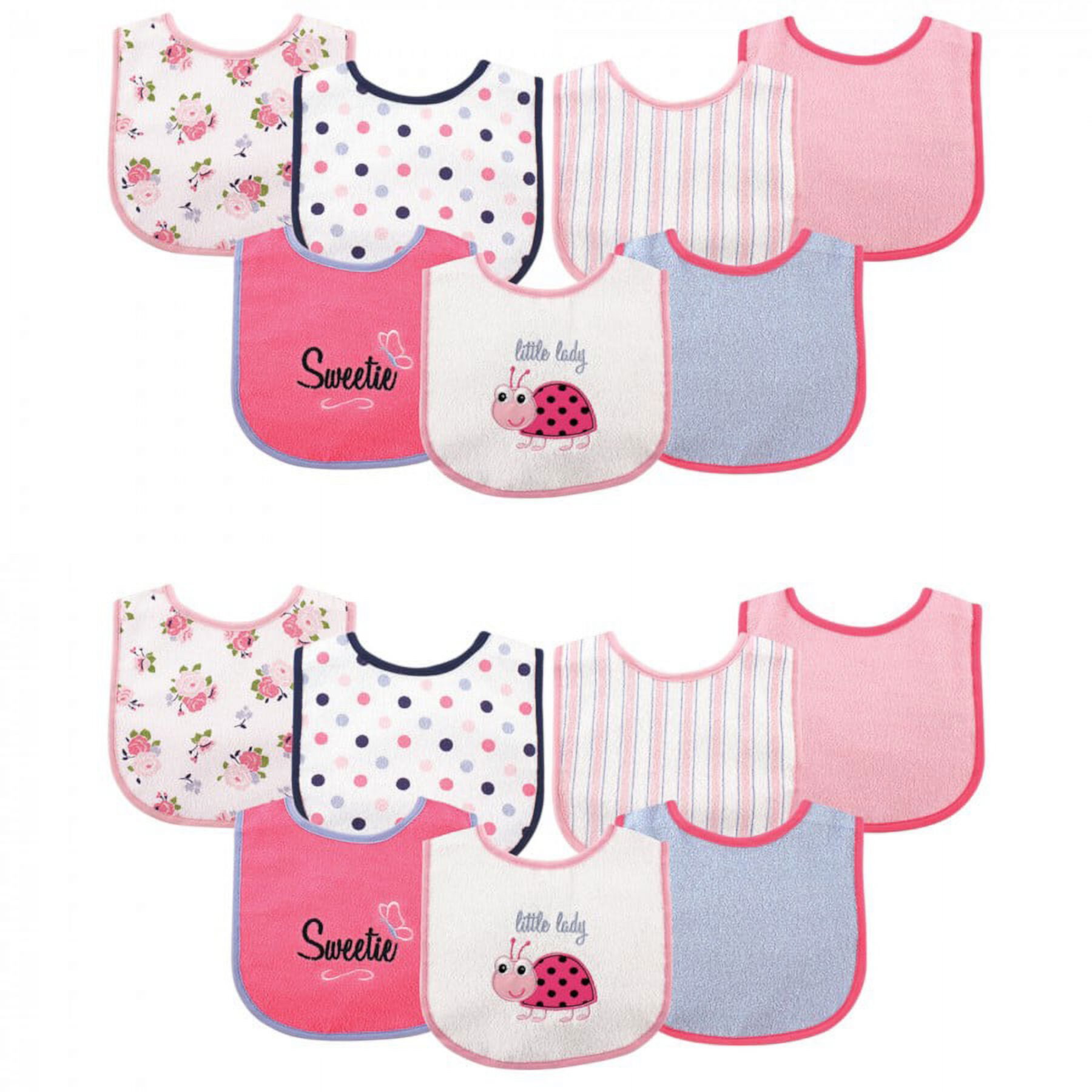 Luvable Friends Infant Girl Cotton Terry Drooler Bibs with PEVA Back, Ladybug 14-Piece Luvable Friends