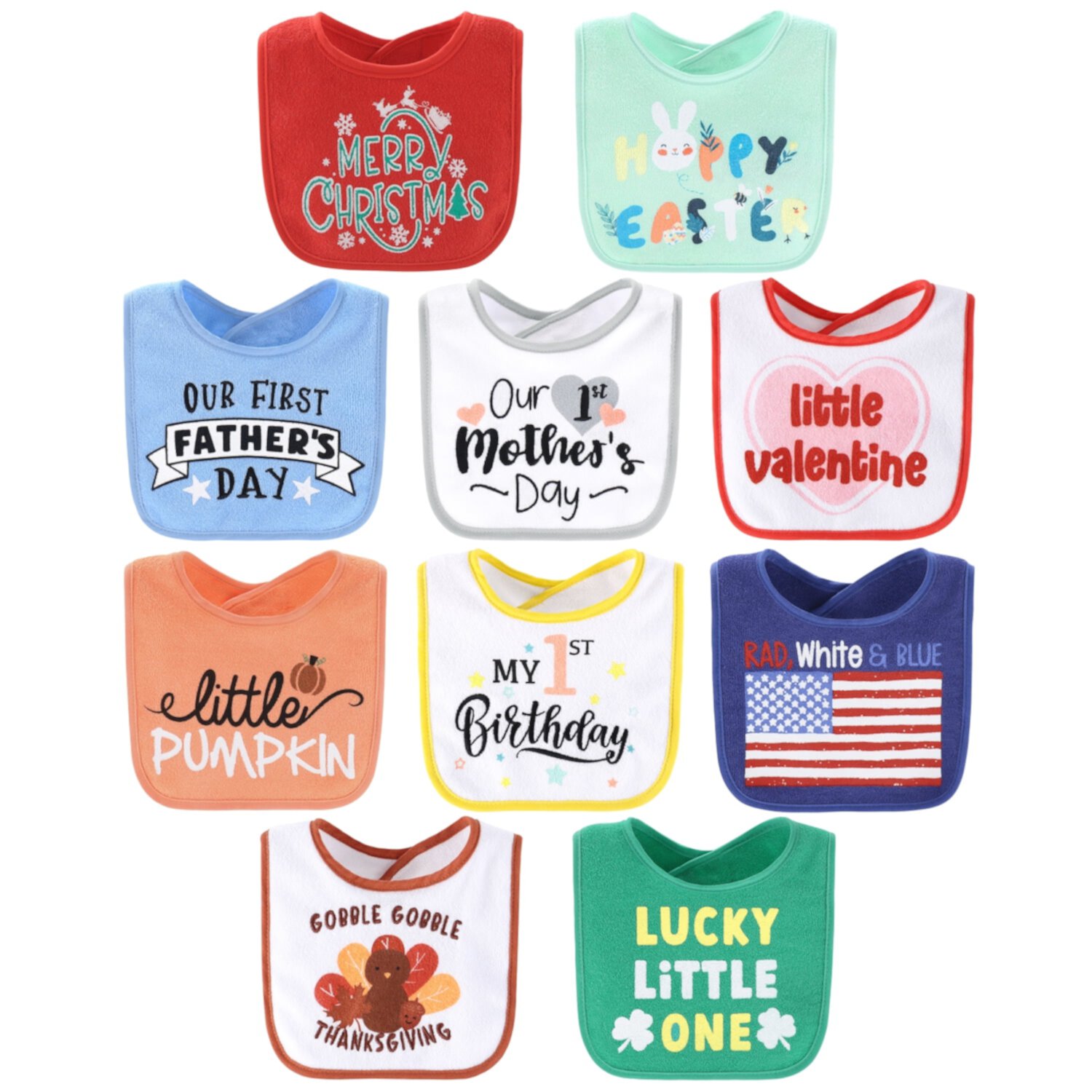 The Peanutshell New Holiday Terry Baby Bib 10 Pack Set for Boys and Girls The Peanutshell