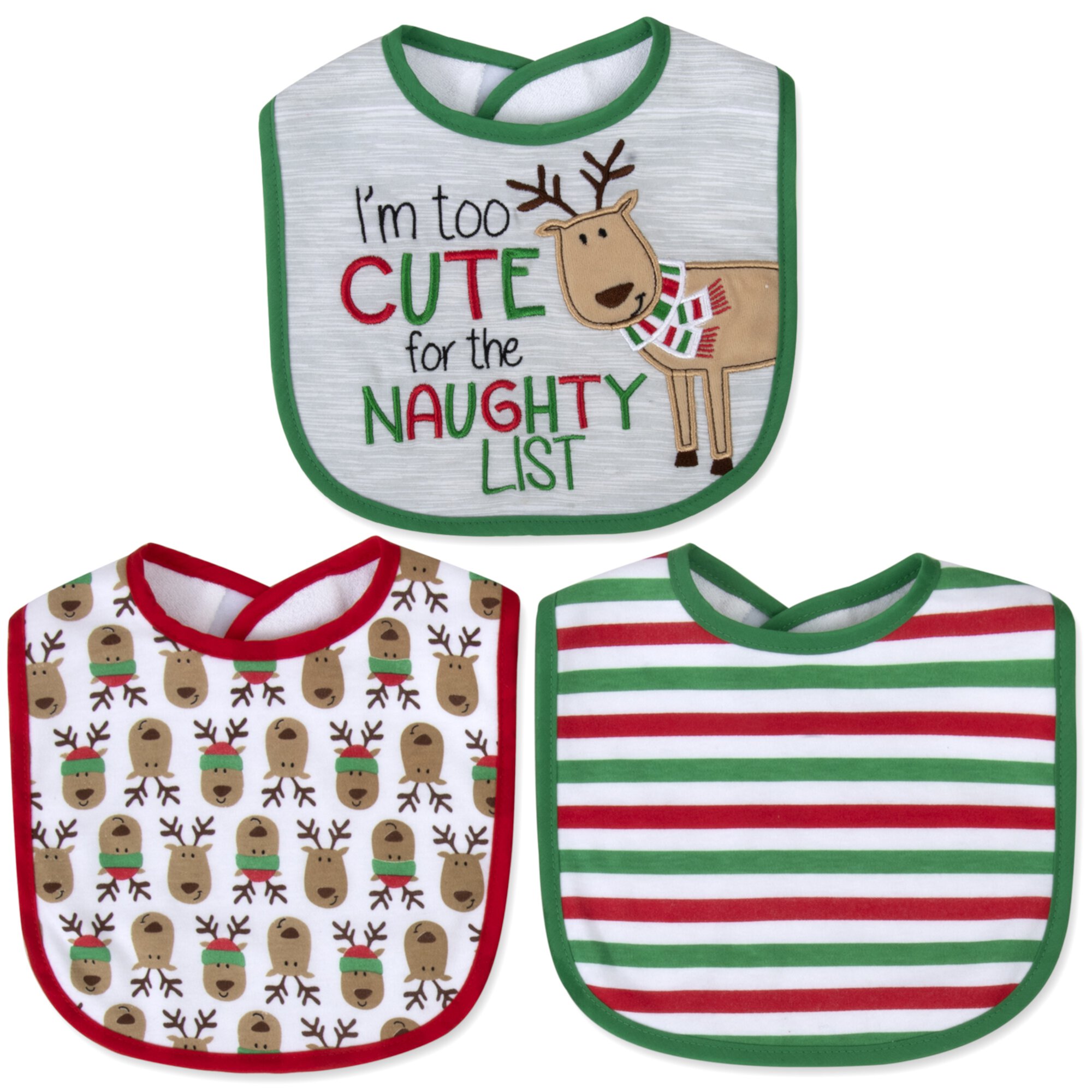 Baby Essentials 3 Pack Embroidered Reindeer and Striped Print Christmas Bib Set for Newborns and Infants for Christmas, Holiday, Celebrations, Family Gatherings, Feeding and Photos Baby Essentials