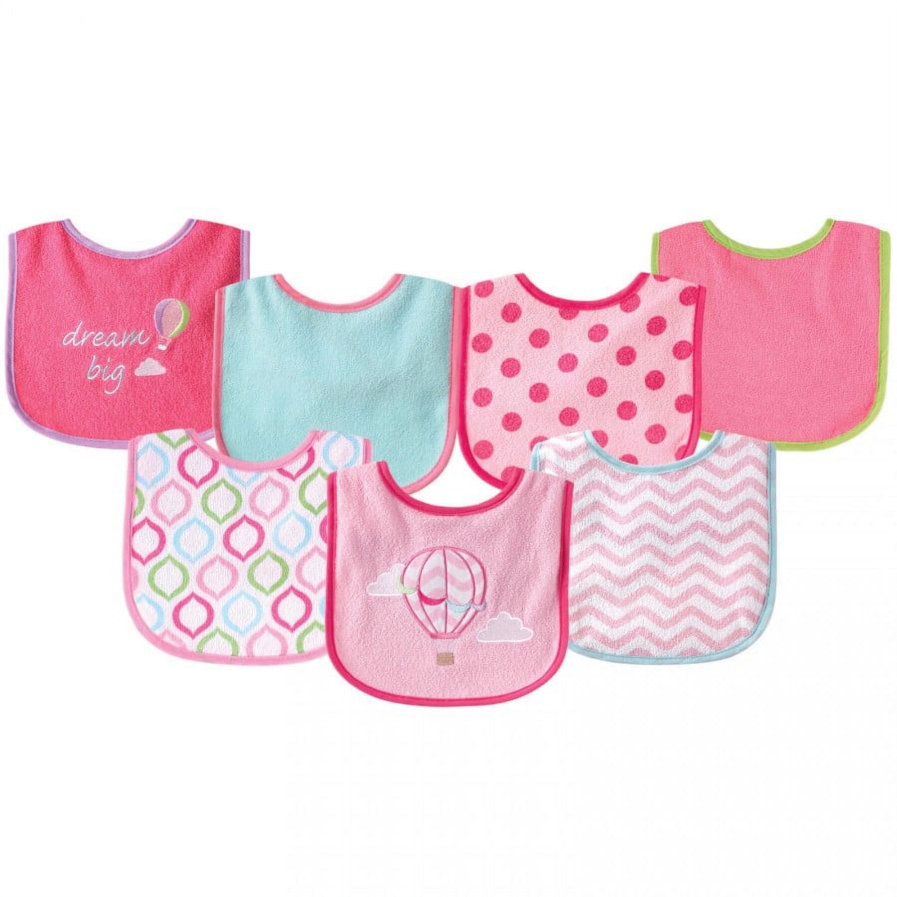 Luvable Friends Baby Girl Cotton Terry Drooler Bibs with PEVA Back 7pk, Pink Balloon, One Size Luvable Friends