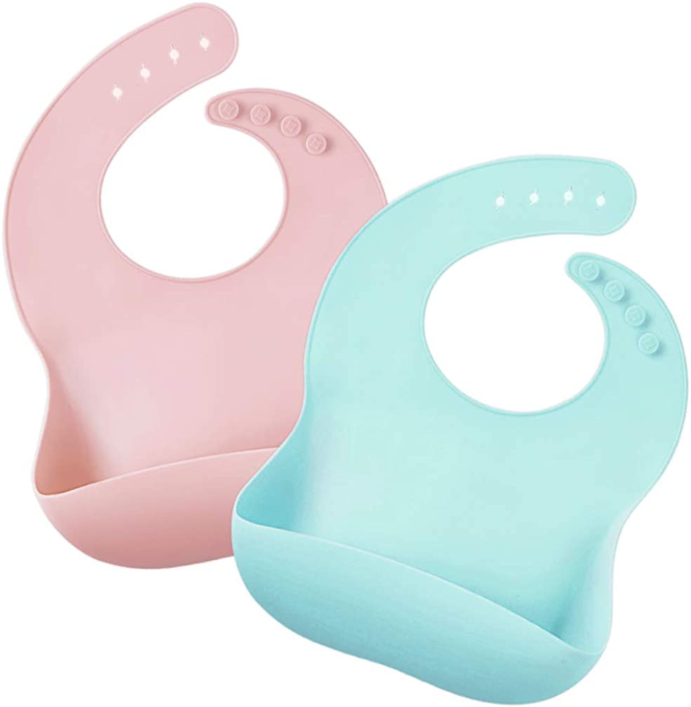 2 Pack Silicone Baby Bib, Waterproof Babies Feeding Bib Adjustable Rubber Baby Bibs with Food Catcher Pocket for Toddlers, Easily Wipe Clean, Green & Pink Dockapa