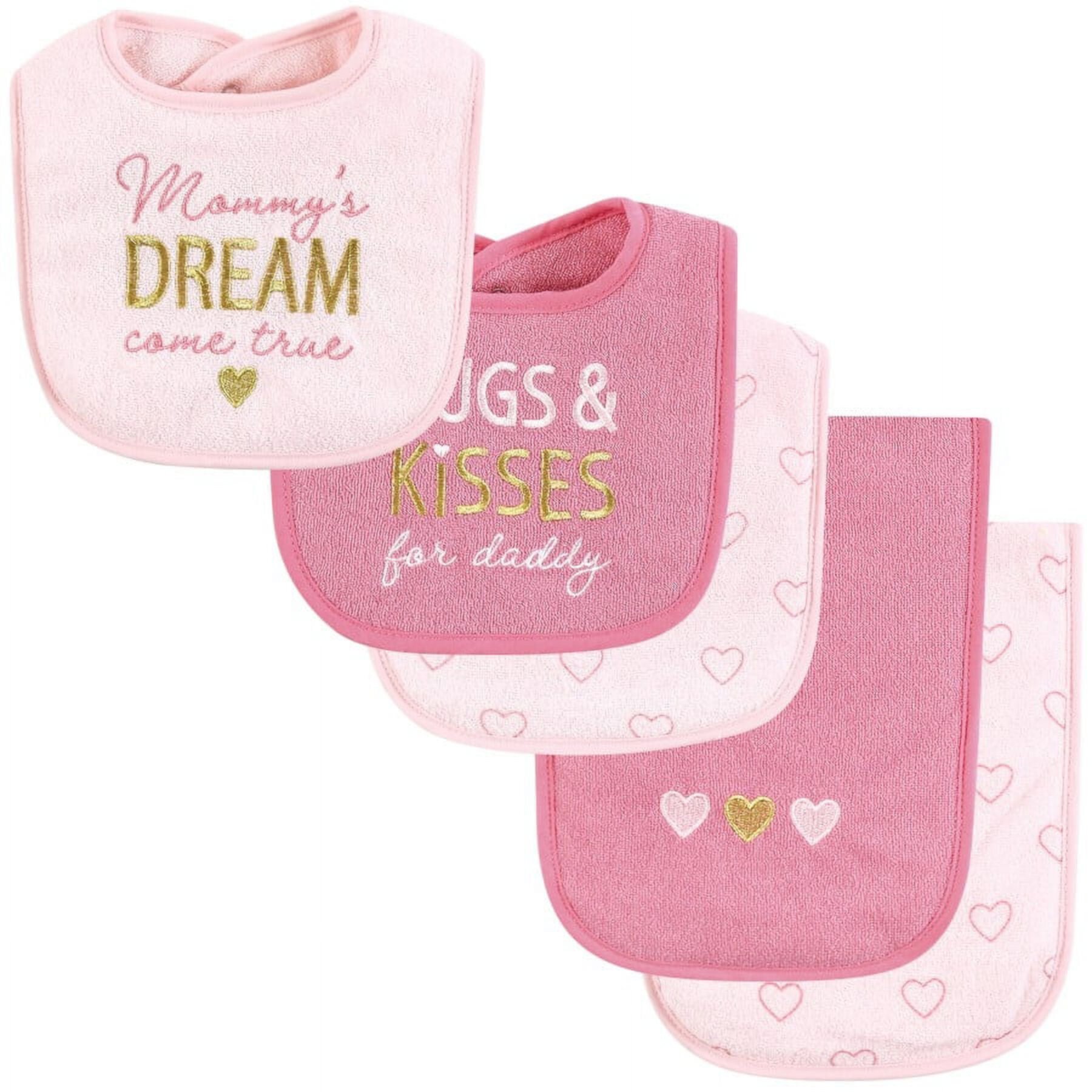 Hudson Baby Infant Girl Cotton Terry Bib and Burp Cloth Set 5pk, Love, One Size Hudson Baby