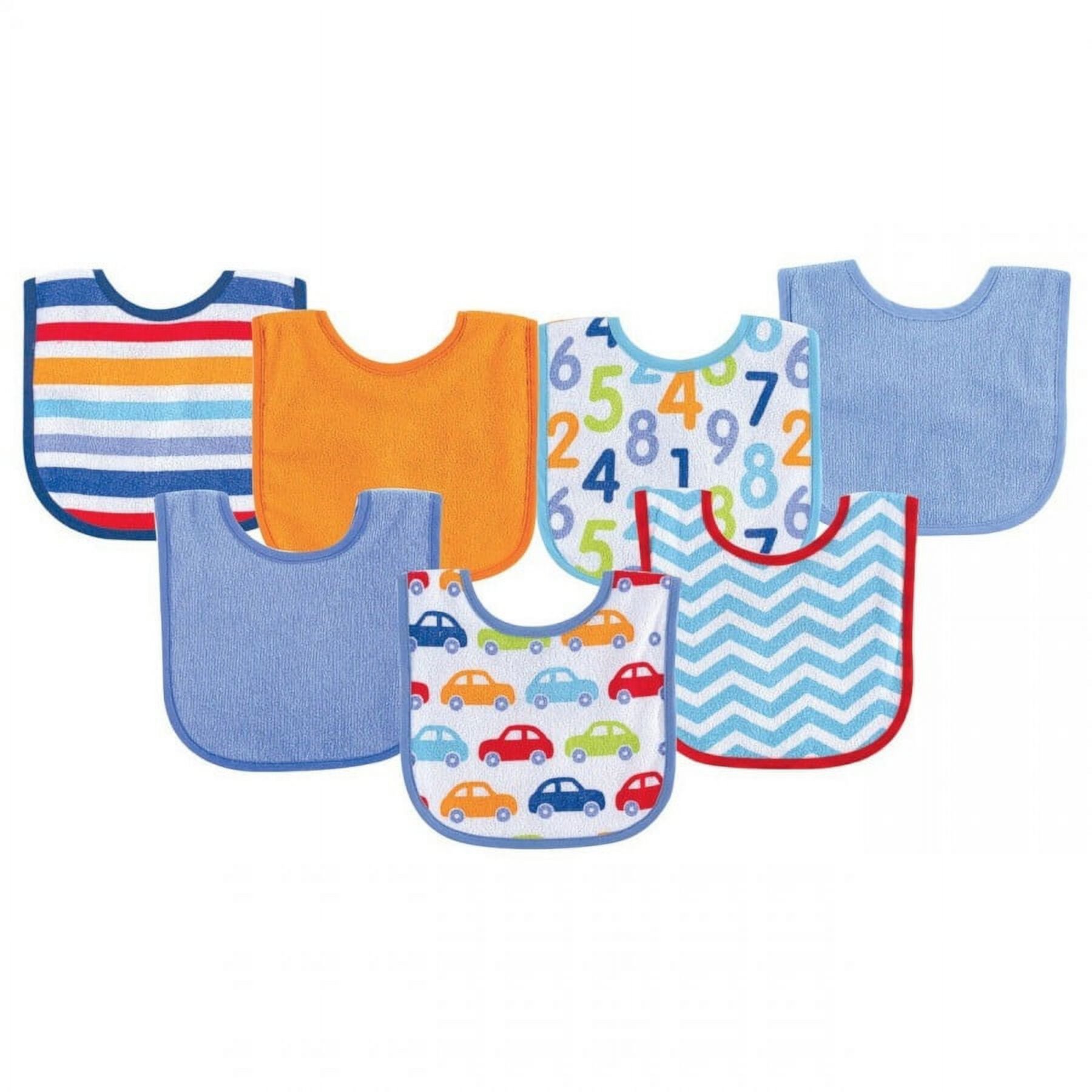 Luvable Friends Baby Boy Cotton Terry Drooler Bibs with PEVA Back 7pk, Blue Car, One Size Luvable Friends