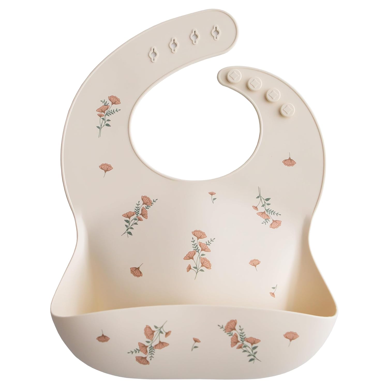 Mushie Silicone Baby Bib, Pink Flowers - Adjustable, Unisex Waterproof Toddler Bib for Easy Clean-Up Mushie