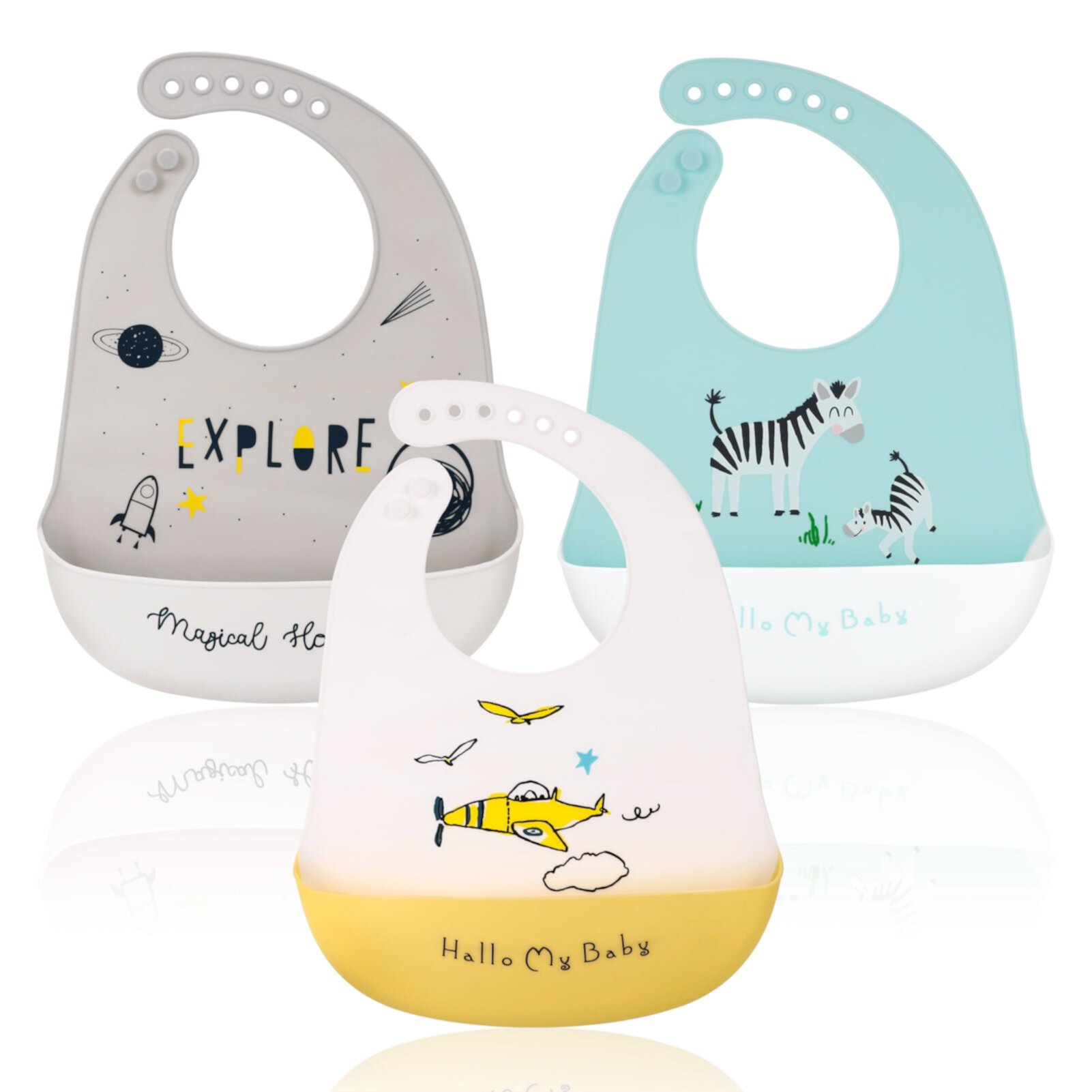 Yaoping 3 Pack Silicone Baby Bibs, Soft Silicone Feeding Bibs with Food Catcher Pocket, Waterproof, BPA Free Yaoping