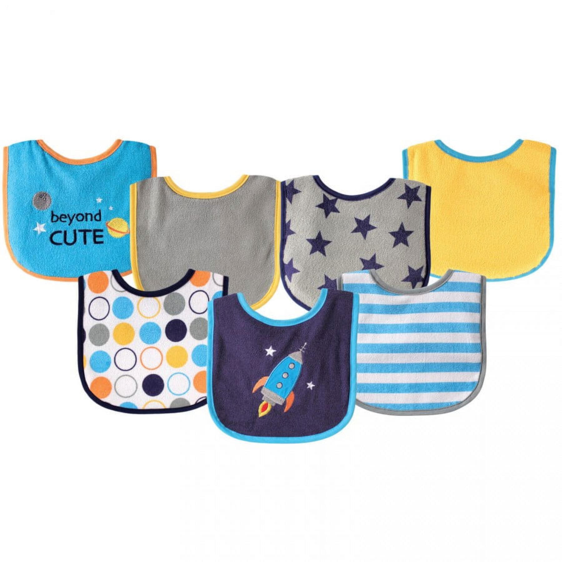 Luvable Friends Baby Boy Cotton Terry Drooler Bibs with PEVA Back 7pk, Blue Rocket, One Size Luvable Friends