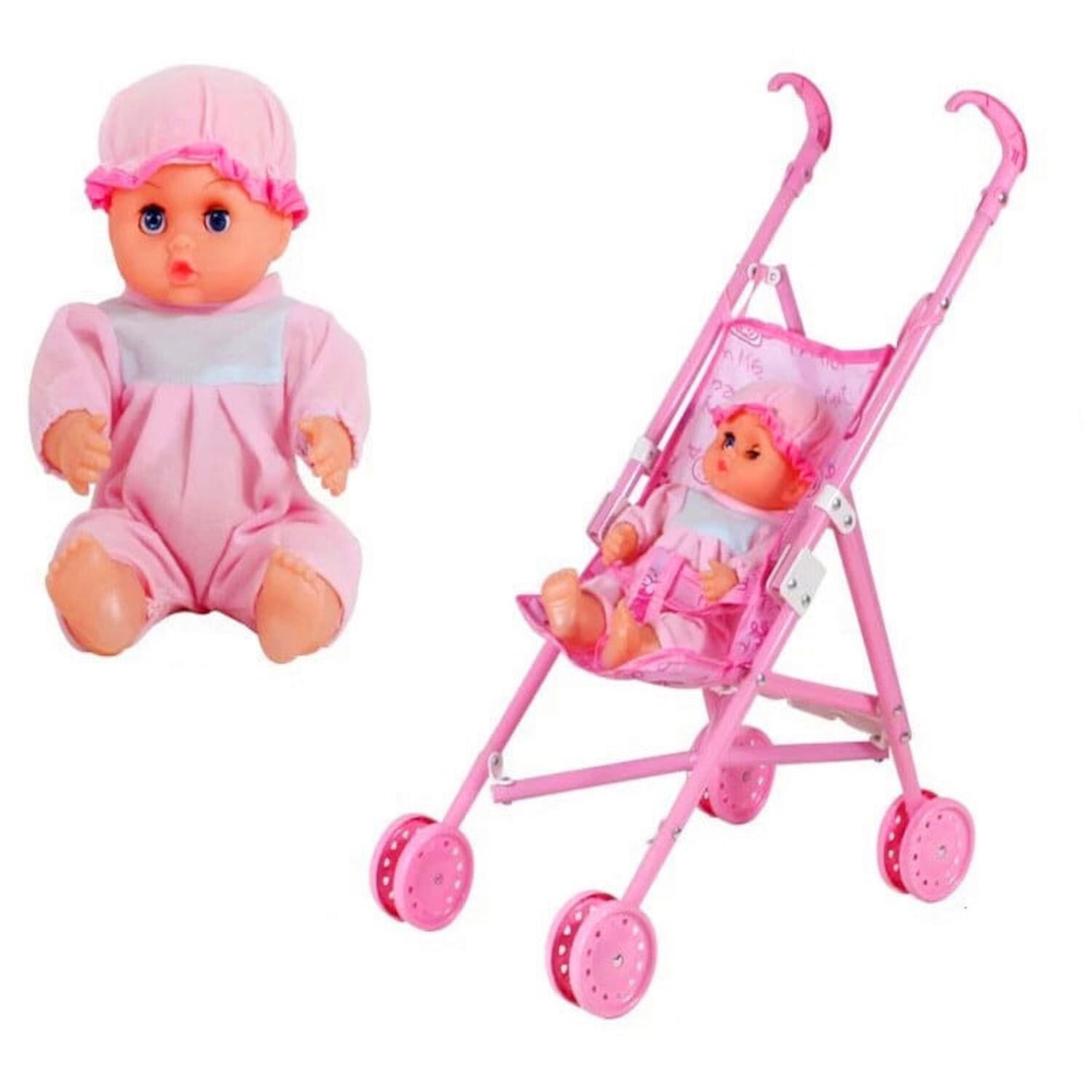 Baby Infant Doll Stroller Carriage Foldable with Doll for 12inch Doll Mini Stroller Toys Gift Pink Kojooin