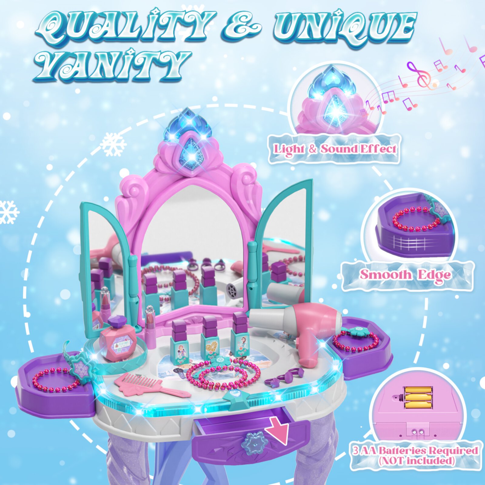 Kids Vanity Sets for Girls, Toddler Vanity Set Makeup Table for Kids, Girls Vanity with Mirror & Lights & Music Sound, Kids Makeup Vanity with Chair & Accessories, Toddler Toys for 2-5 Year Old Girls KWANITHINK