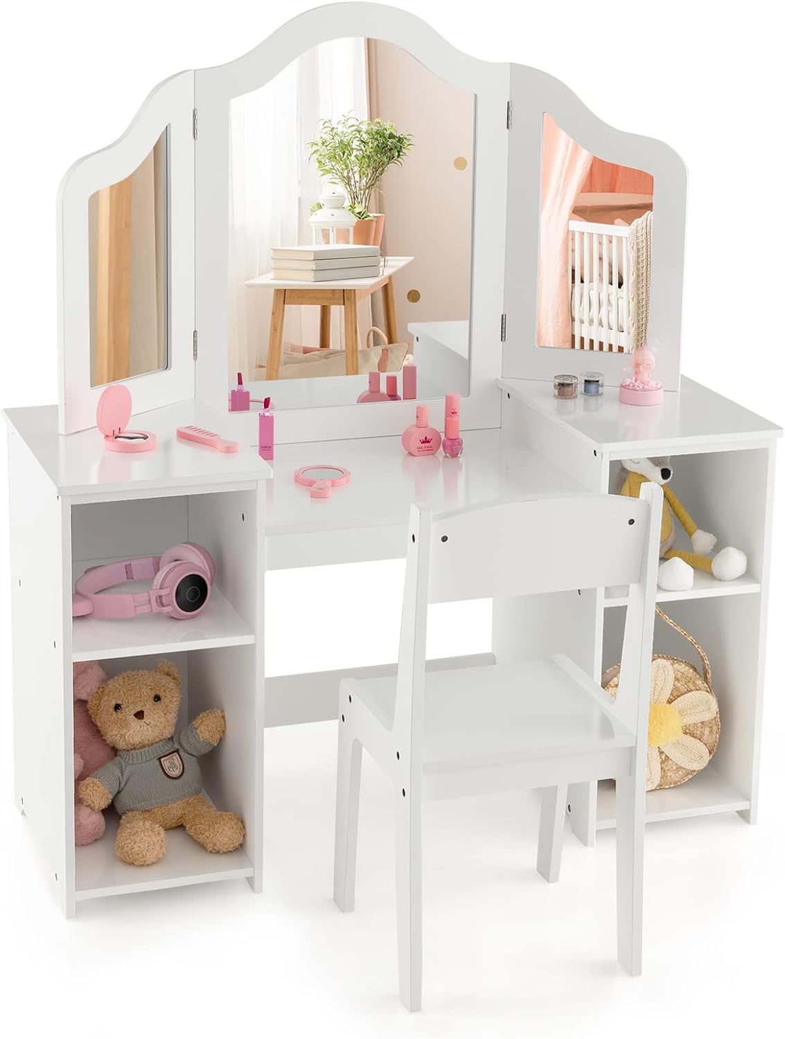 Pink  Vanity   Princess Dressing  with Tri-Folding Mirror  Open  Shelves &amp; 4 Boxes  Toddler Wooden   &amp; Chair Set  Pretend Play Vanity Set for Girls (Pink) En