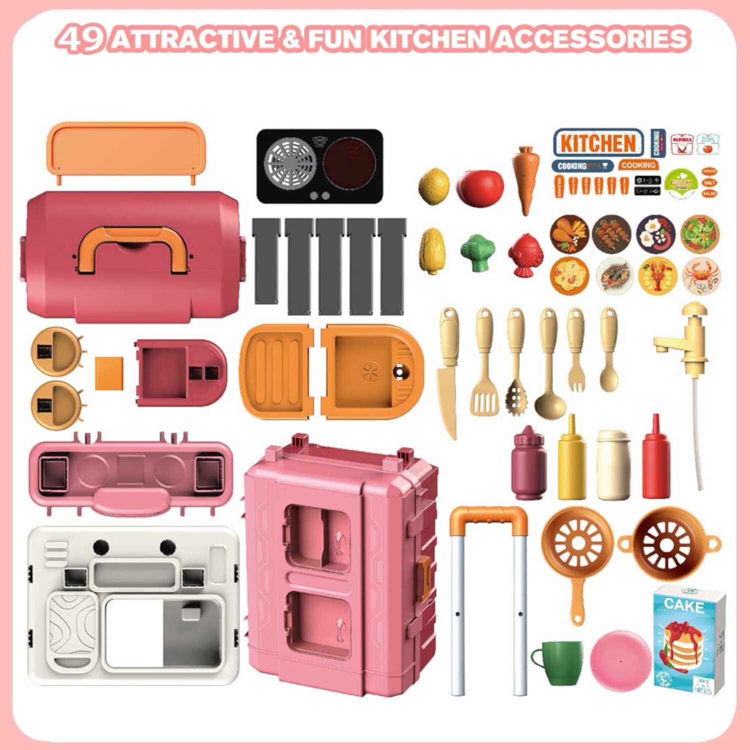 Petbank 49PCS Realistic Kids Kitchen Playset,3 in 1 Kitchen Pretend Play Toys with Sound & Light,Cooking Stove with Steam,Play Sink and Toy Kitchen Accessories for Girls Boys(Pink) Petbank