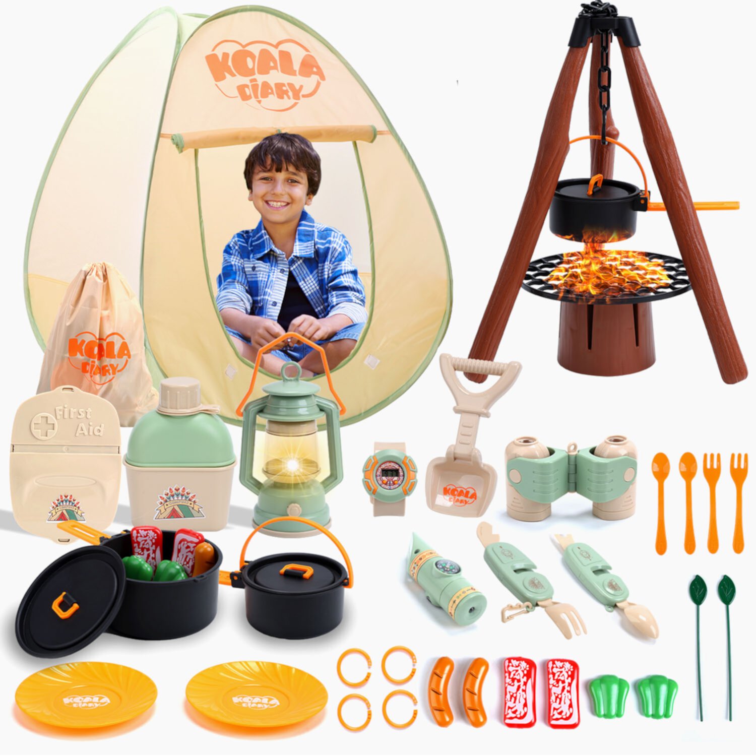 JoyStone Kids Camping Set with Tent, 42Pcs Camping Pretend Play Tent, Toy Campfire, Binoculars, Oil Lantern, Indoor and Outdoor Camping Toy Set, Gift Idea for Boys Girls JoyStone