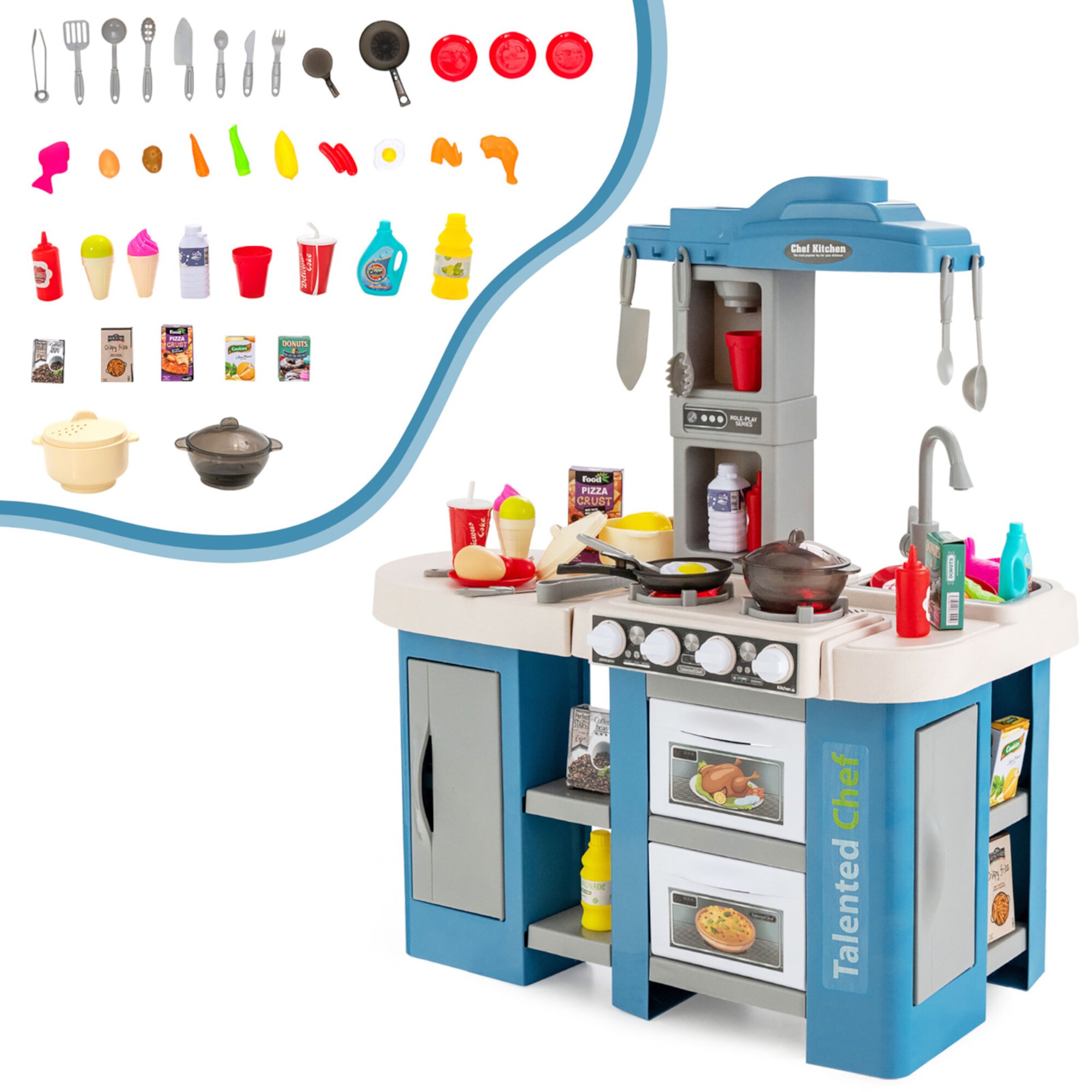 Costway Play Kitchen Set 67 PCS Kitchen Toy For Kids W/Food &Realistic Lights & Sounds Blue Visit the Costway Store