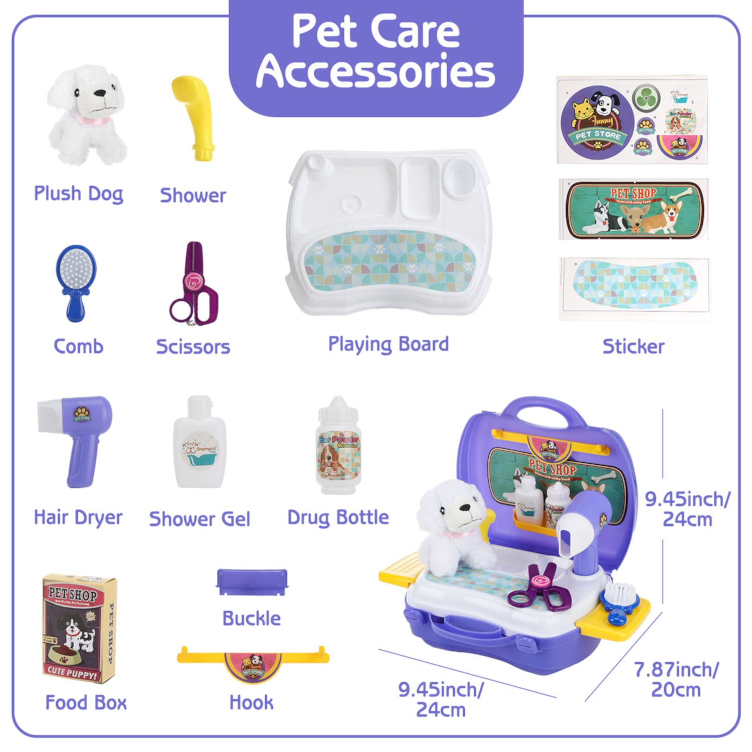 Zacro Pet Care Play Set, 16PCS Pretend Play Vet Toy for Kids, Dog Bath & Grooming Set Toddler Doctor Kit with Carrying Suitcase for Boys Girls Gifts Zacro