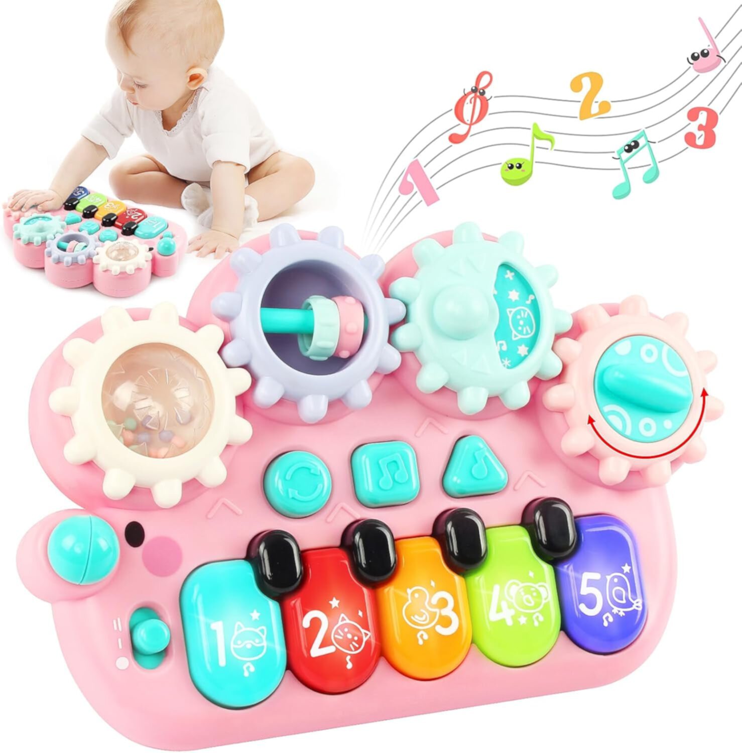 Baby Piano Toys,Piano Toys 6 9 12 18 Month Old Baby Piano Toys,Kids Piano Keyboard with Gears Game, Light Up Musical Toys for Toddlers Boys Girls,Early Educational Music Toy, Kids Birthday Gift Pink CEDQ