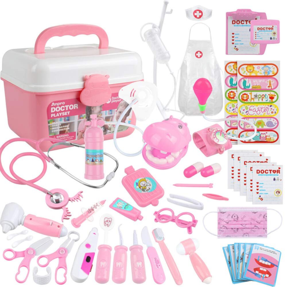 Anpro Doctor Kit for Kids, 46Pcs Pink Medical Toy Kids Pretend Educational Play Set with Stethoscope Doctor Role Play Gifts for Toddler Boys & Girls 3-6 Years Anpro