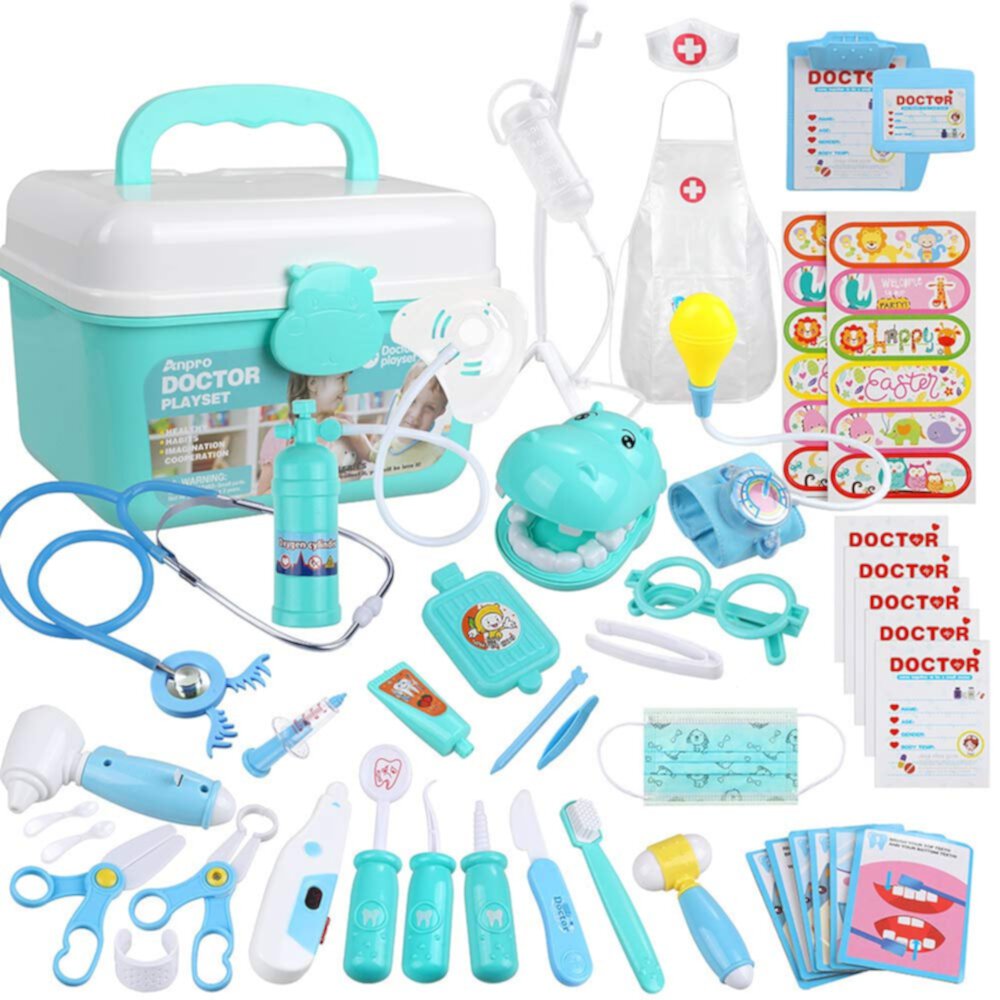 Anpro Doctor Kit for Kids, 46Pcs Blue Medical Toy Kids Pretend Play Set with Stethoscope Doctor Role Play Gifts for Toddler Boys & Girls 3-6 Years Anpro