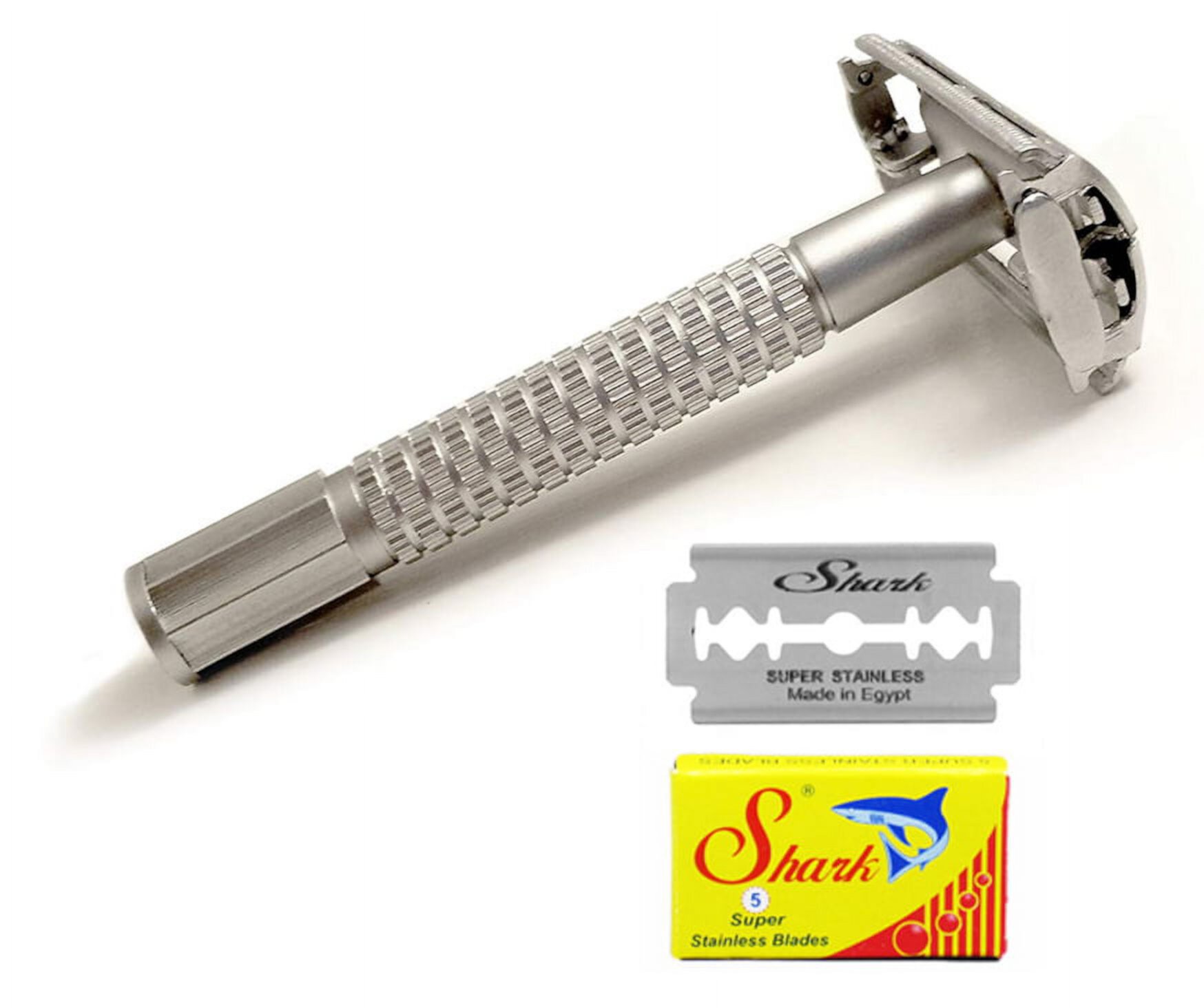 Classic Samurai Premium Butterfly Twist to Open Double Edge Safety Razor With 5 SHARK Double Edge Razor Blades Classic Samurai