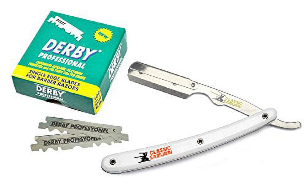 Classic Samurai Stainless Steel Professional Barber Straight Edge Razor with 100 Derby Single Edge Razor Blades (White) Classic Samurai