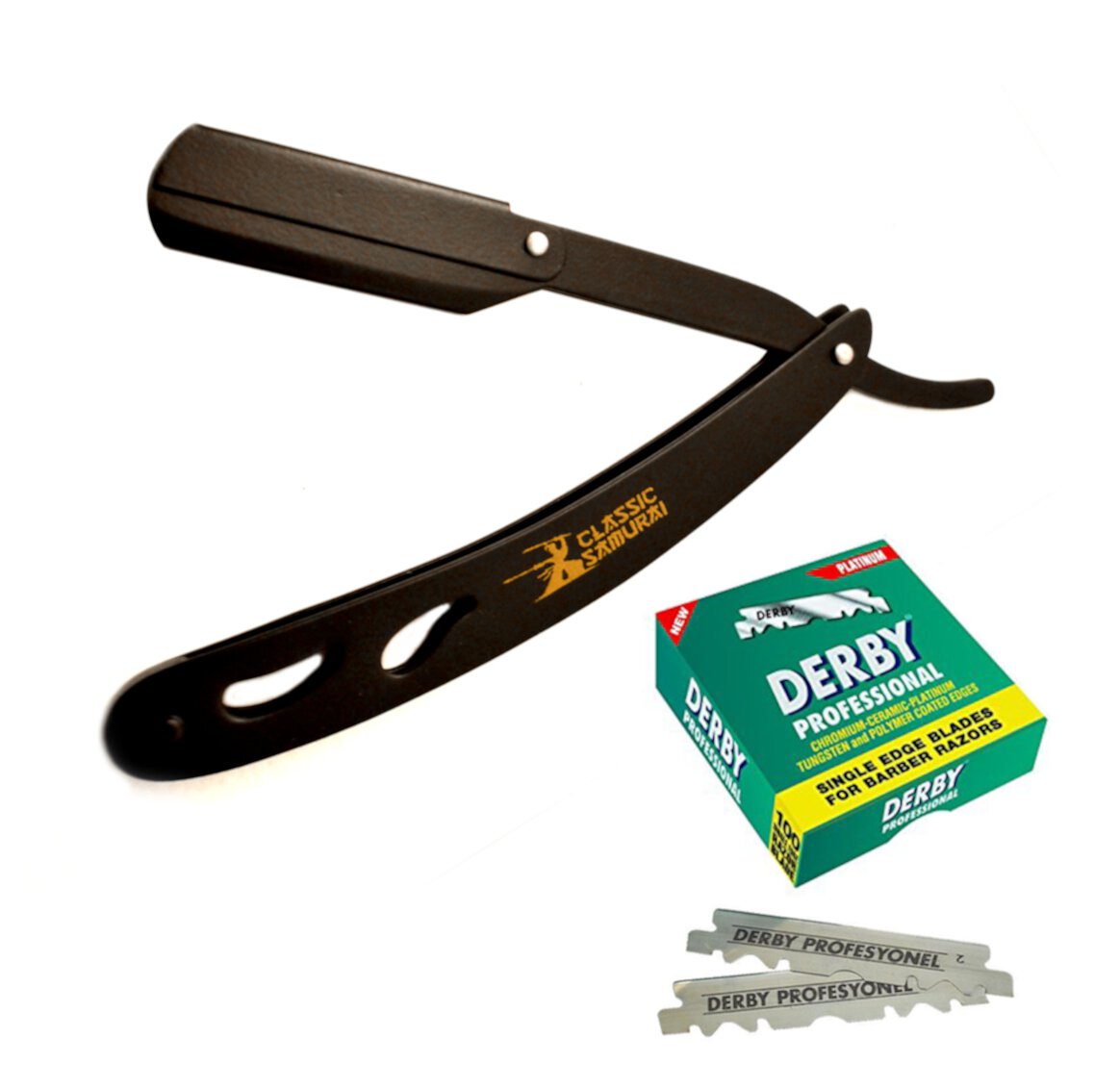 Classic Samurai CS-102 Matte Black Folding Straight Razor, Shavette with 100 Count Derby Single Edge Razor Blades Classic Samurai