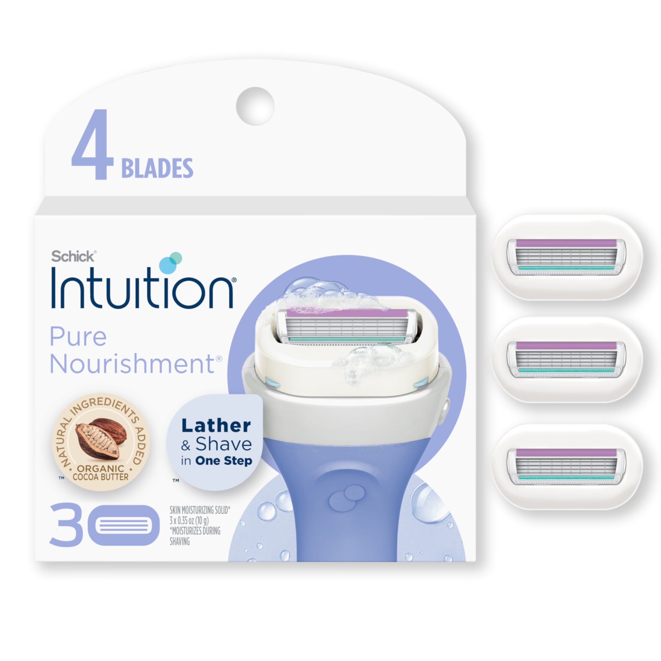 Schick Intuition 4-Blade Pure Nourishment Women's Razor Blade Cartridge Refills, 6 Ct, Lather & Shave In One Step, With Organic Cocoa Butter Schick