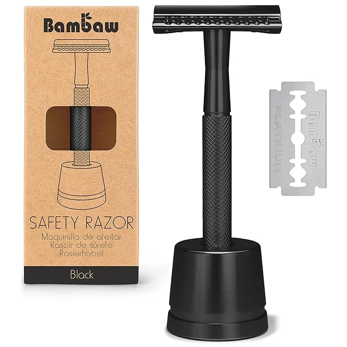 Bambaw Double Edge Safety Razor, Single Blade Razor for Men with Razor Stand, Men's Safety Shaving Razors – Black Bambaw