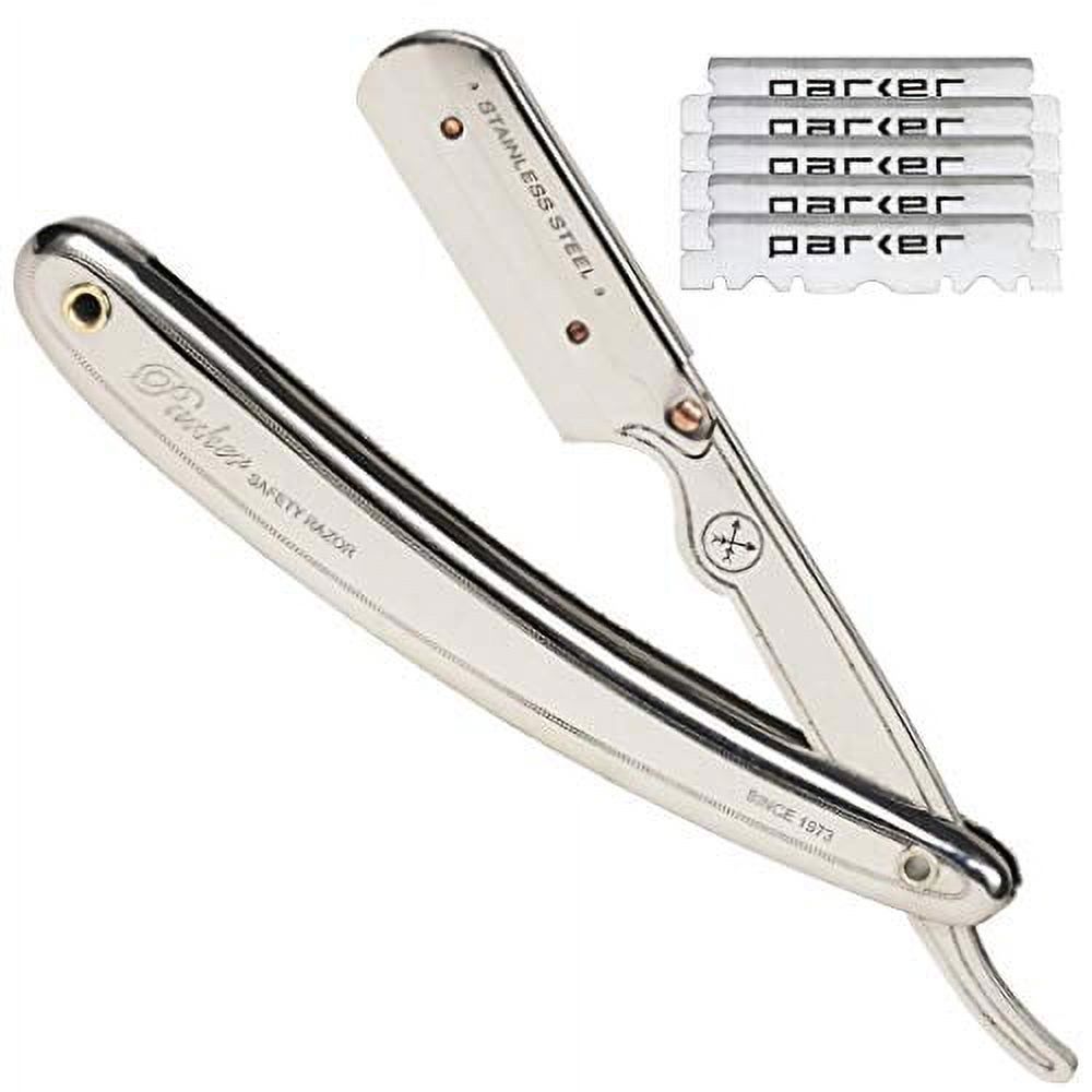 Parker SR1 Stainless Steel Shavette Straight Edge Professional Barber Razor for Men and 5 Parker Premium Platinum blades Parker Safety Razor