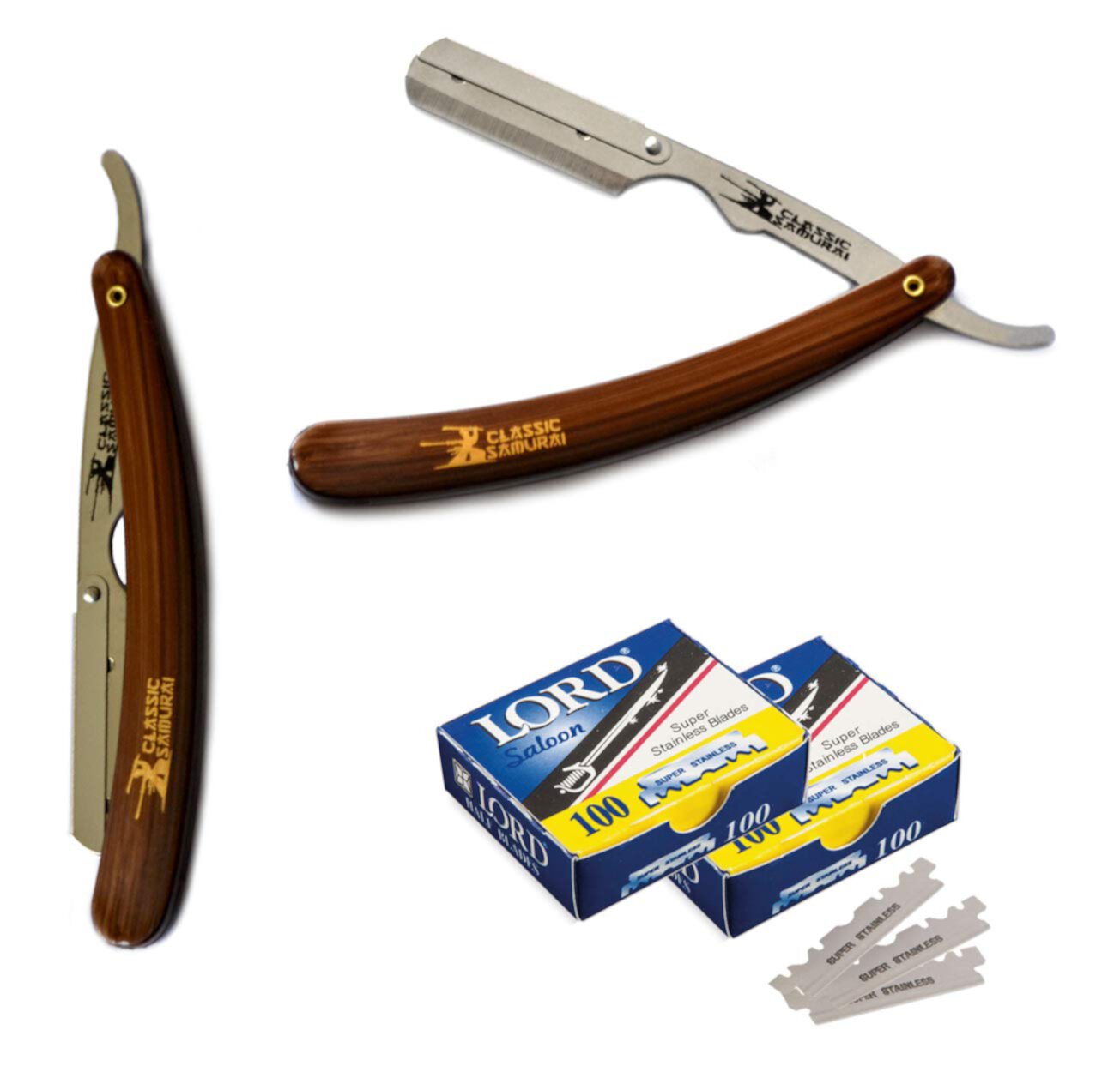 CS-101 Stainless Steel Straight Edge Brown Barber Razor + 200 Lord Single Blades Classic Samurai