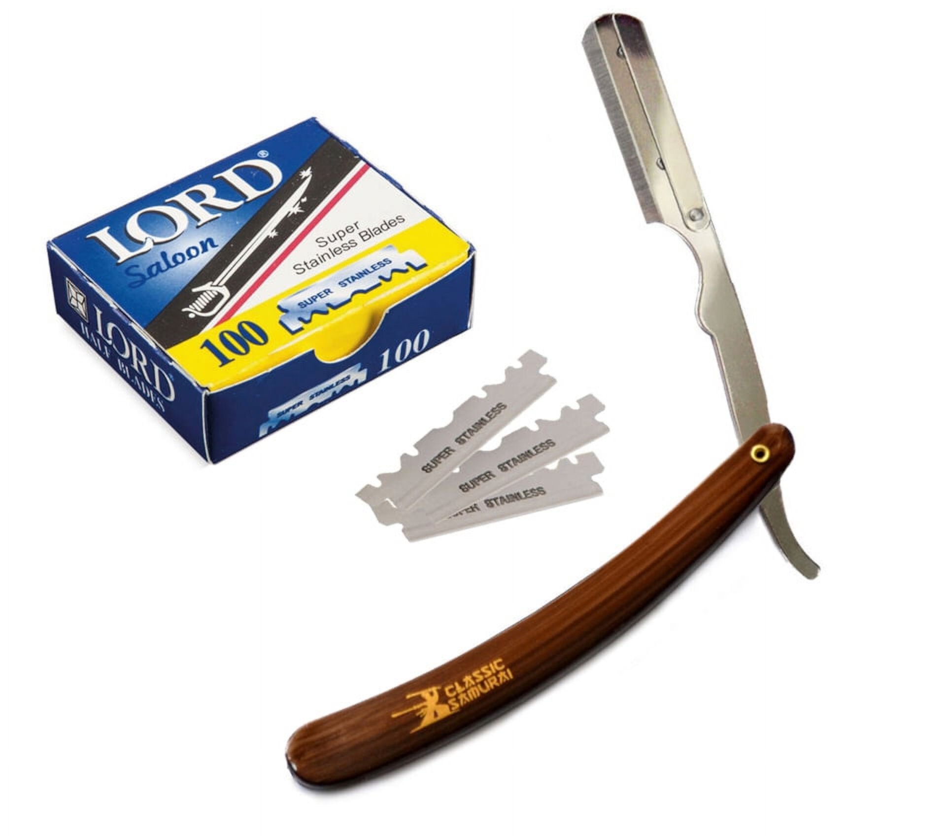 Stainless Steel Professional Barber Straight Edge Brown Razor with 100 Derby Single Edge Razor Blades Classic Samurai