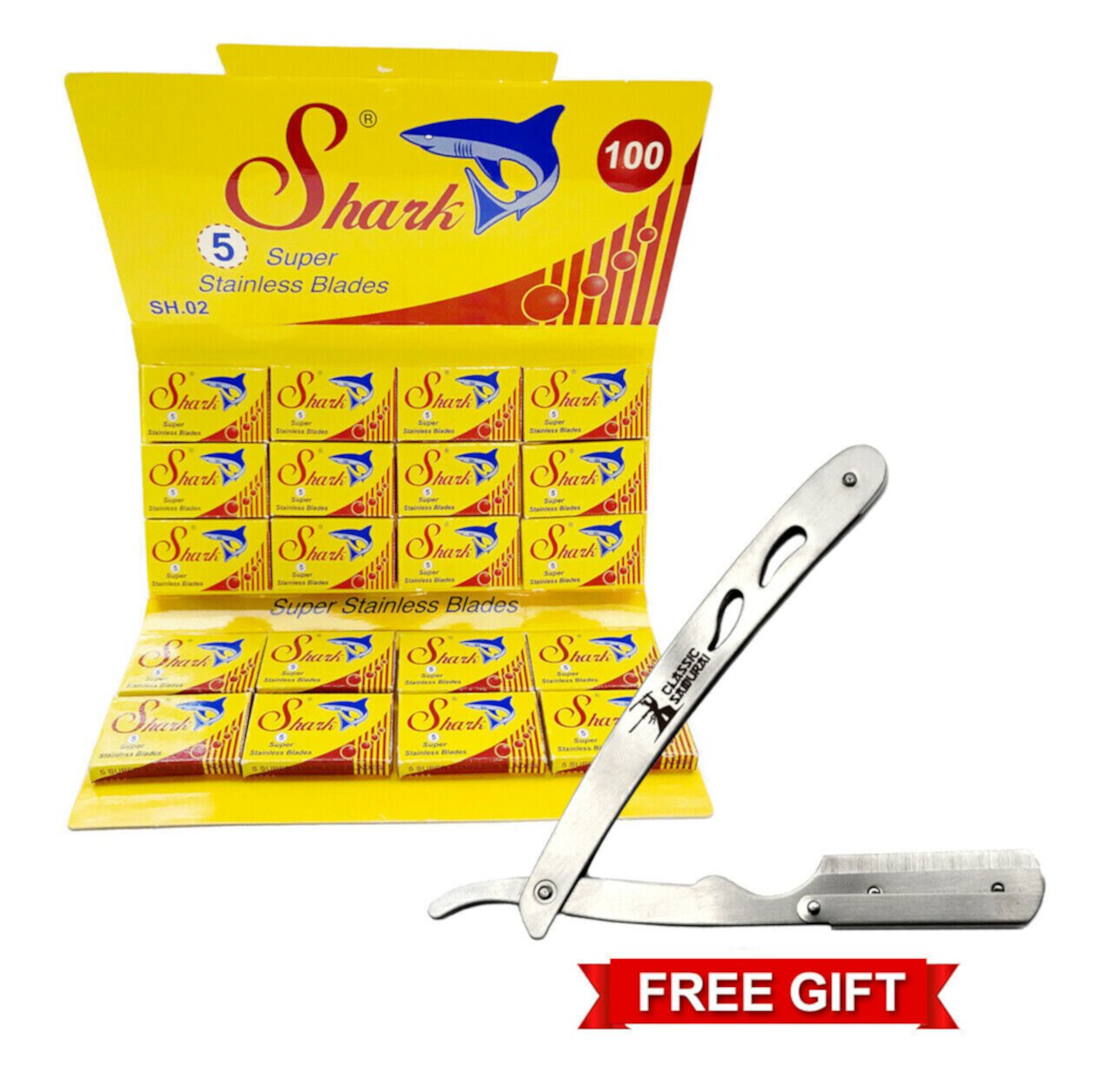 100 Shark Super Stainless Steel Double Edge Safety Blades + Free Samurai Razor Classic Samurai