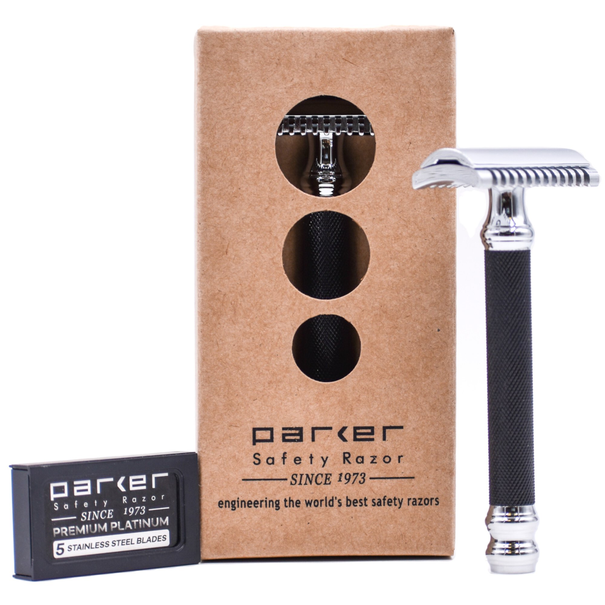 Parker 26C - Black Handle Three Piece OPEN COMB Double Edge Safety Razor & 5 Parker Premium Blades Parker Safety Razor