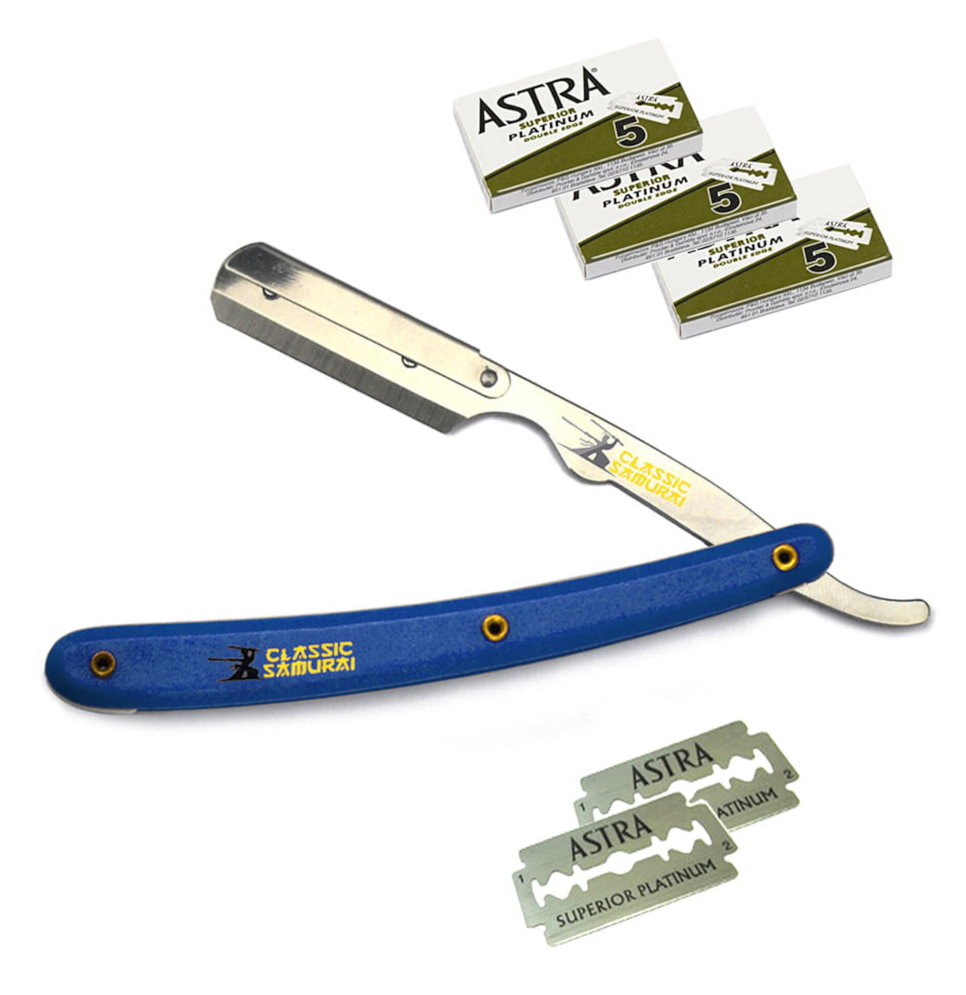 Blue Stainless Steel Professional Barber Straight Edge Razor with 15 Astra Double Edge Razor Blades Classic Samurai